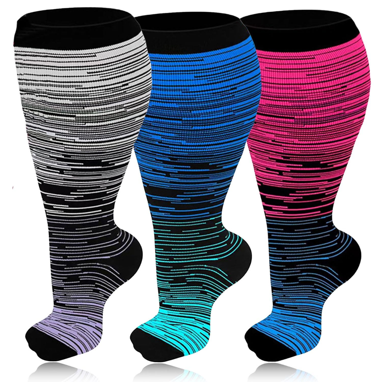 3 Pairs Plus Size Compression Socks for Women & Men 20-30 mmHg