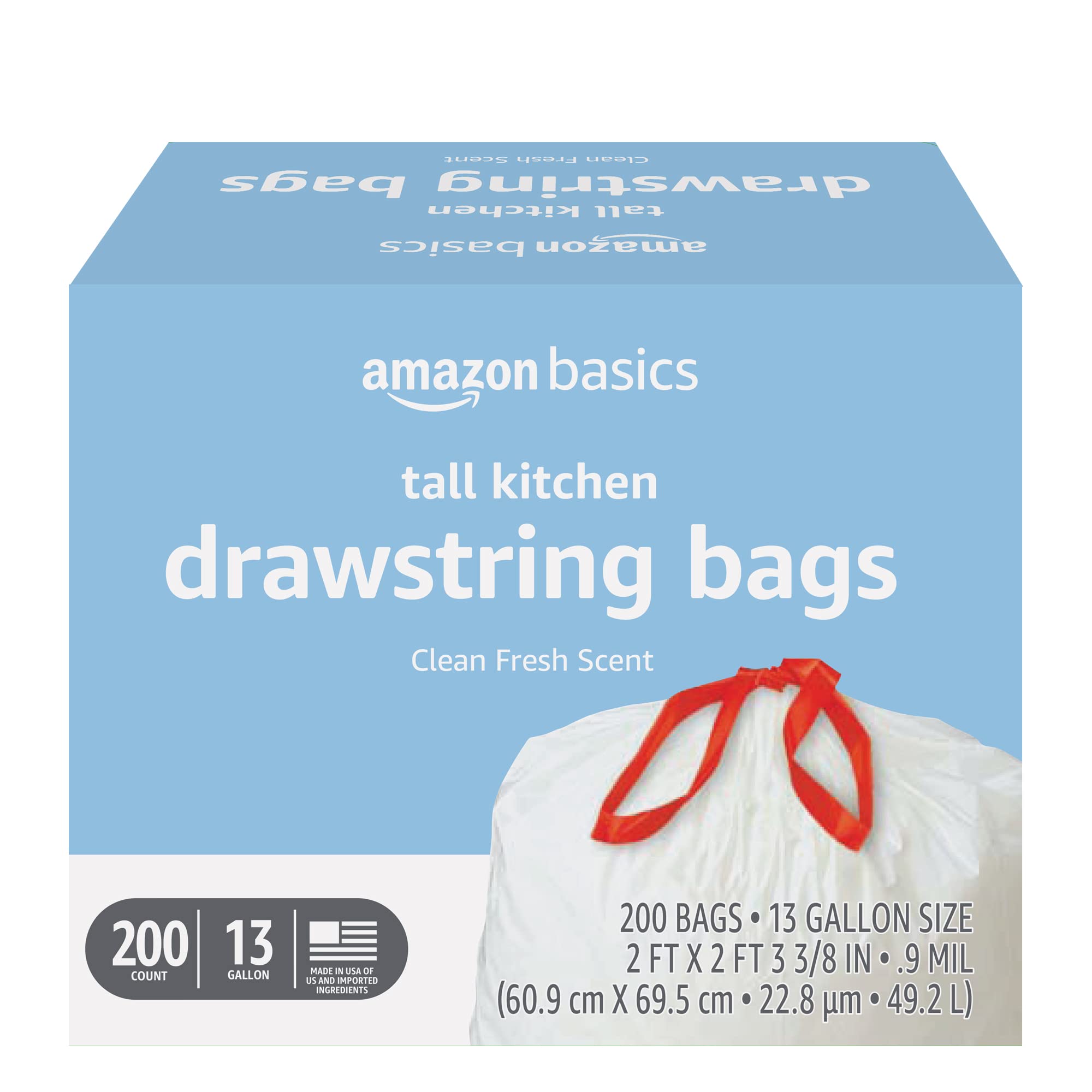 Basics Tall Kitchen Drawstring Trash Bags, 13 Gallon, Unscented, 200  Count (Previously Solimo)