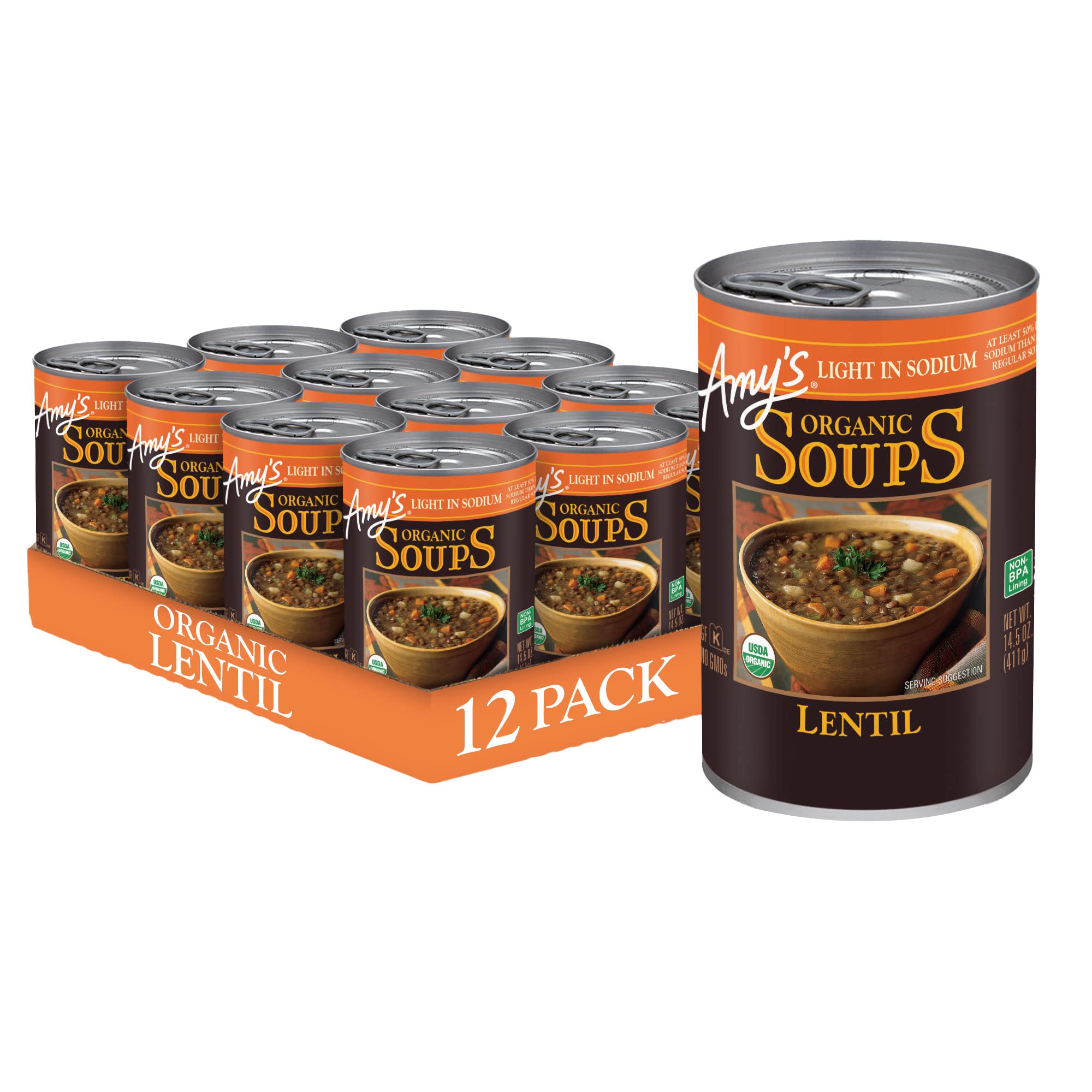 Amy's Soup Vegan Gluten Free Organic Lentil Light in Sodium 14.5 Ounce  (Pack of 12) Light