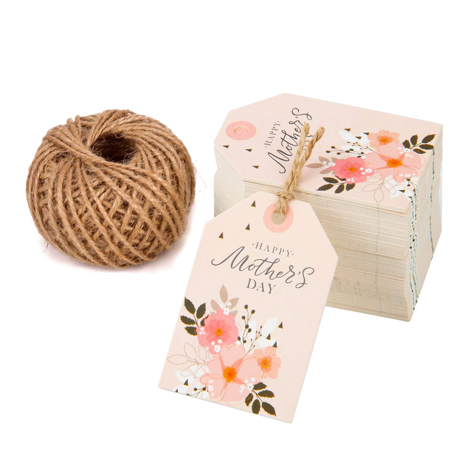 WRAPAHOLIC Gift Tags with String - 100PCS Happy Mother's Day Floral Design  Paper Tags with 100 Feet