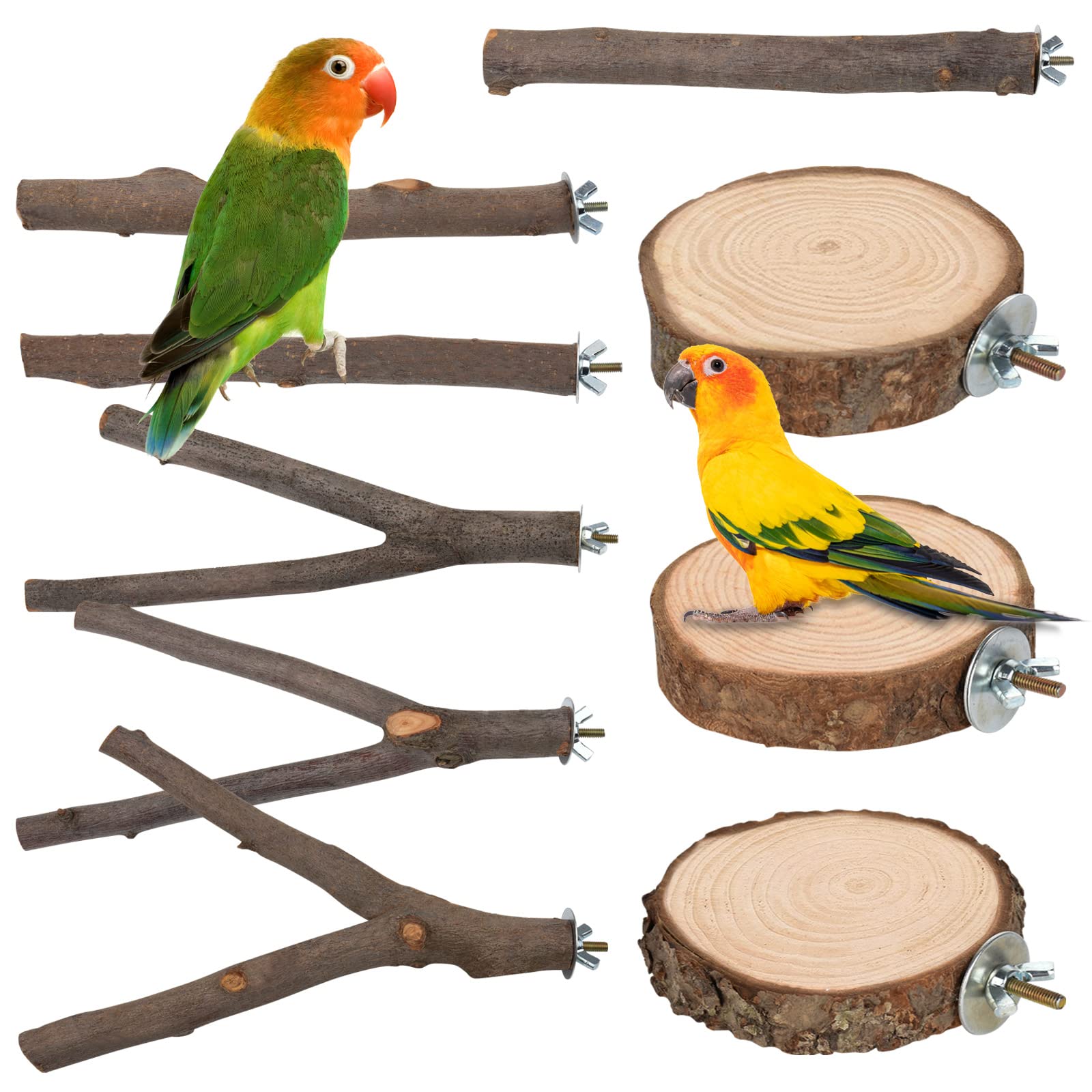 9 PCS Bird Perches Stand Toy, Natural Wood Parrot Perch Stand Bird