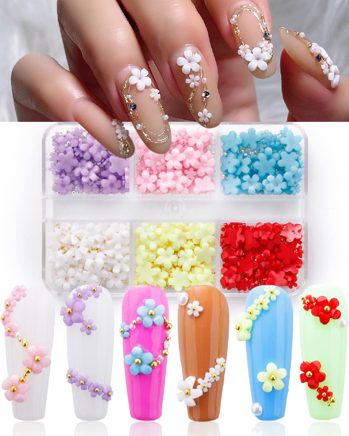 3D Flower Nail Charms and Silver/Gold Caviar Beads,6 Grids Acrylic Flowers  Nail Design with Metal Nail Ball, Cherry Blossom Spring with Nail Stud,  Nail Art Supplies for DIY Manicure Nail Decoration Colorful