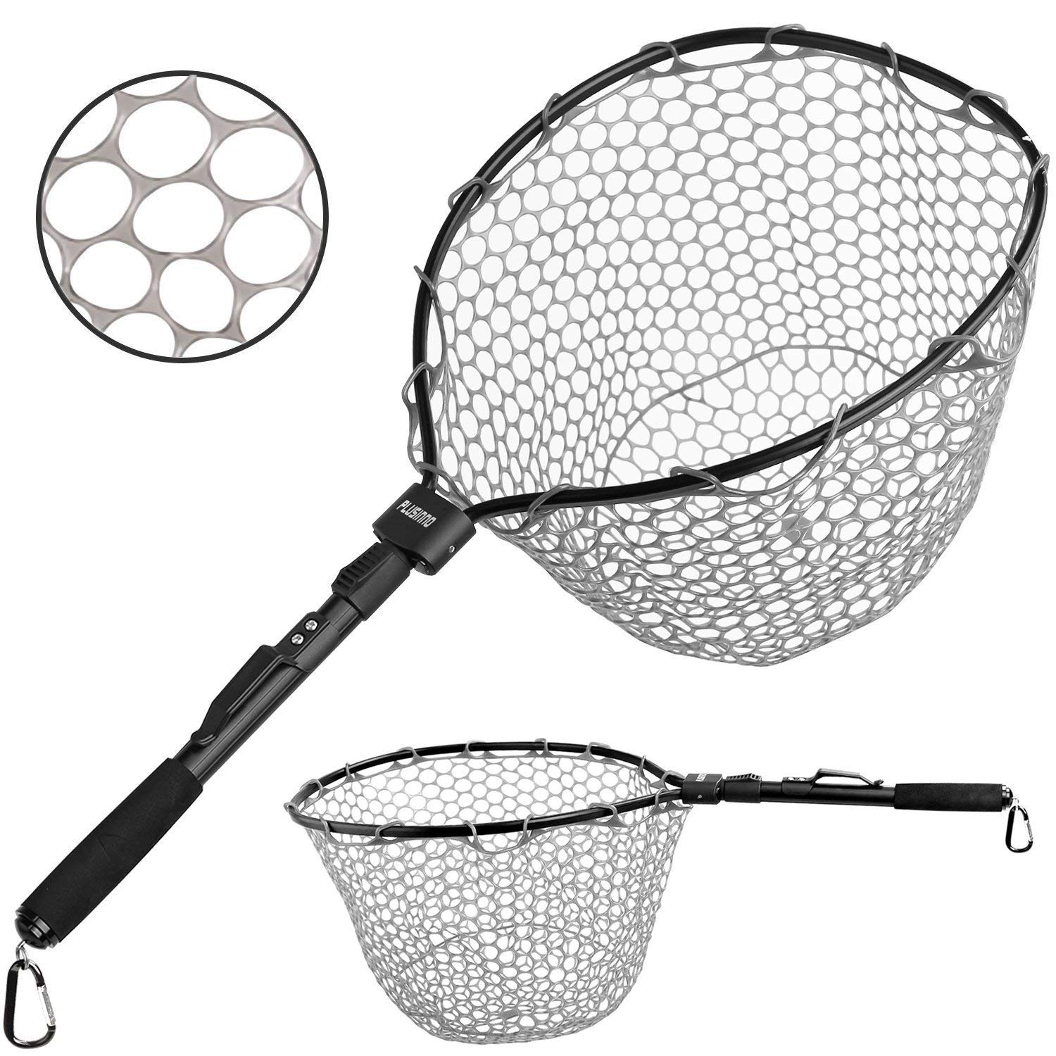 PLUSINNO Fly Fishing Net Fish Landing Net, Trout Bass Net Soft Rubber Mesh  Catch and Release Net 16 x 13 Hoop Size (28Extend Length)