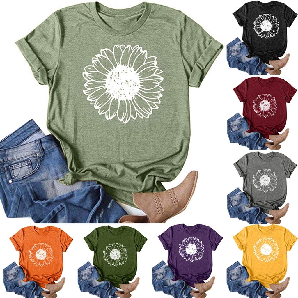 DAZLOR Womens Summer Sunflower Tshirt Crew Neck Short Sleeve Funny