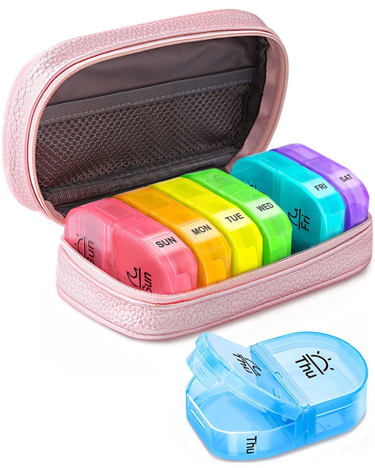Cute Pill Organizer 2 Times a Day, AMOOS PU Leather Pill Case for