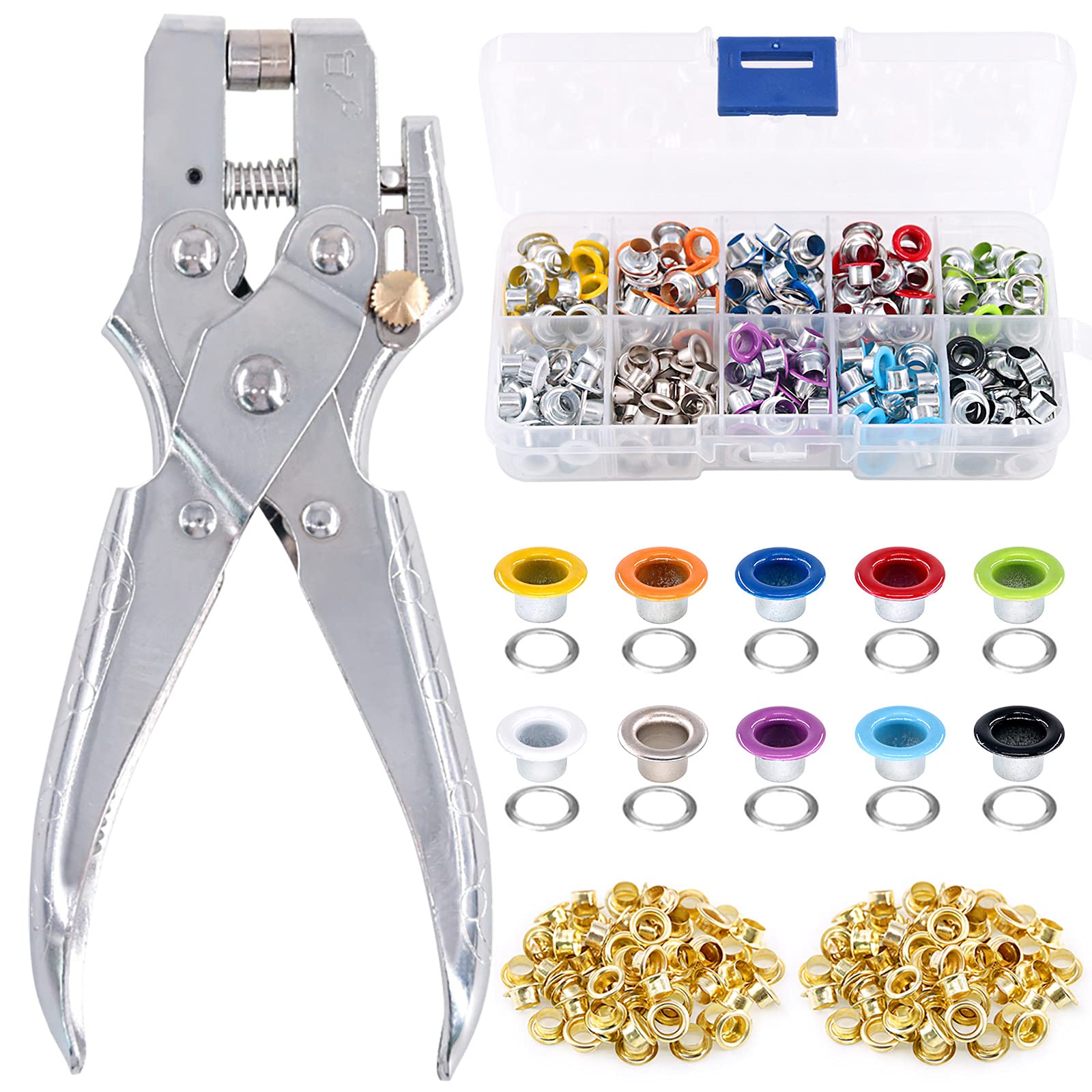 Swpeet 300Pcs 10 Colors 3/16 inch Metal Grommets Kit and 1Pcs Eyelet Hole  Punch Pliers with 100Pcs Gold Grommets, Metal Eyelets Kits Shoe Eyelets