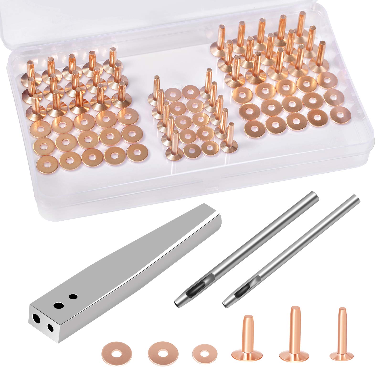 JUNESunShine 84Pcs Copper Rivets and Burrs 9 and 12 Burrs Setter Leather  Rivets Fastener Install Setting Tool with 4mm Leather Hole Punch Cutter for  Belts Wallets Collars Leather Working Supplies 1 Copper Rivet Set