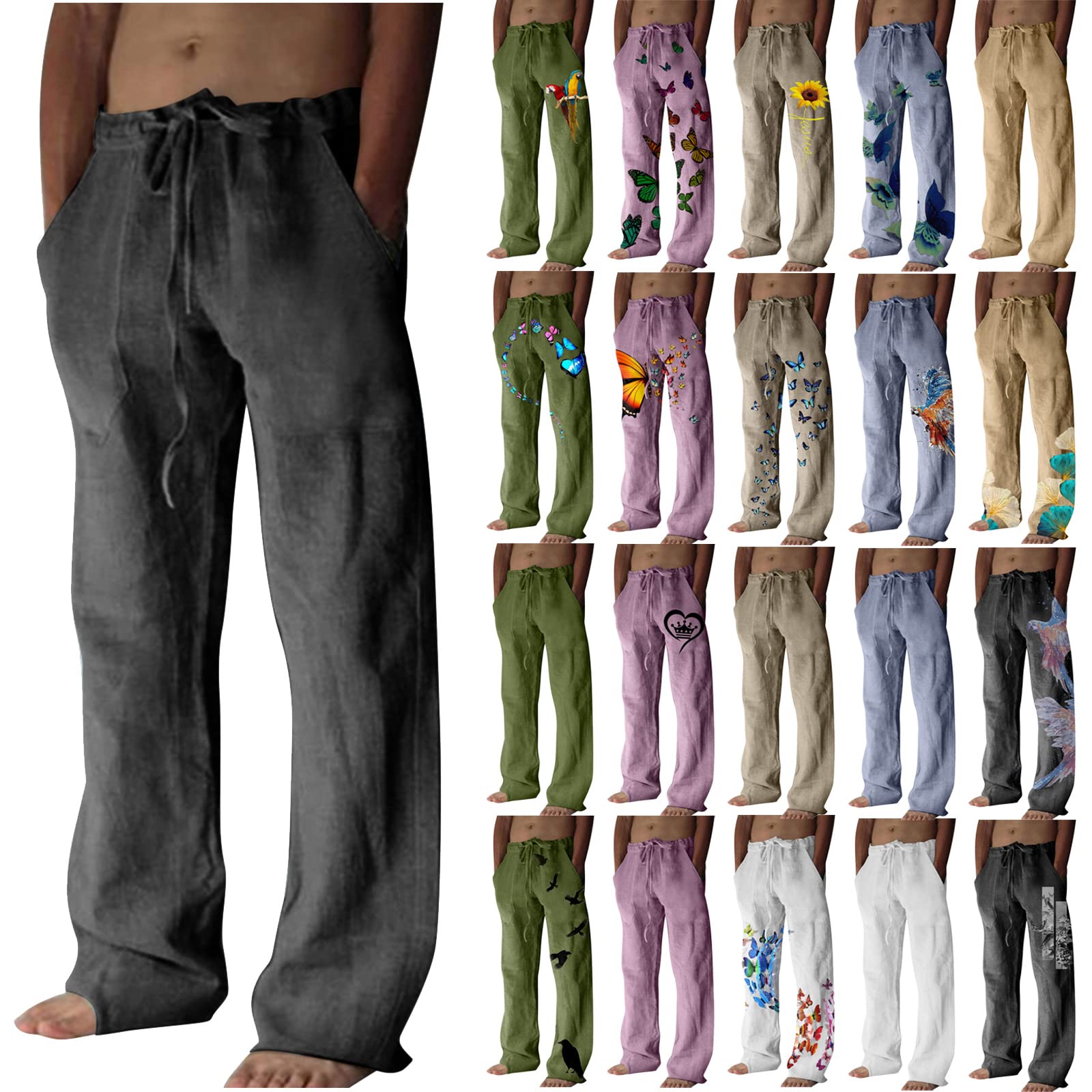 Dgoopd Men's Cotton Linen Pants Casual Elastic Waist Drawstring Pants  Straight Leg Yoga Pants Lightweight Summer