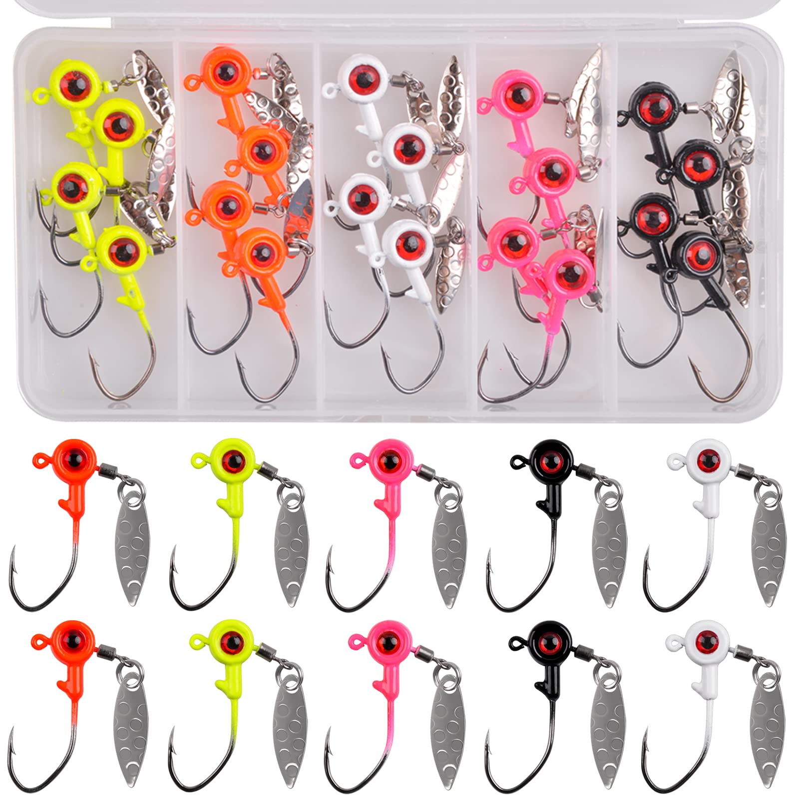 Fishing Jig Heads Kit 20pcs Flat Round Ball Head 3D Eyes Crappie Jig Head  with Spinner