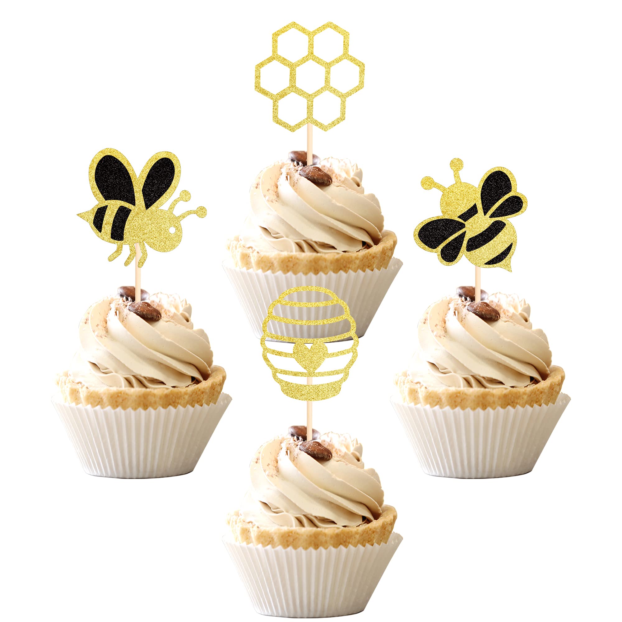 36 PCS Bumble Bee Cupcake Toppers Glitter Bee Gender Reveal Honeycomb Cupcake  Picks Baby Shower Birthday Party Cake Decorations Supplies