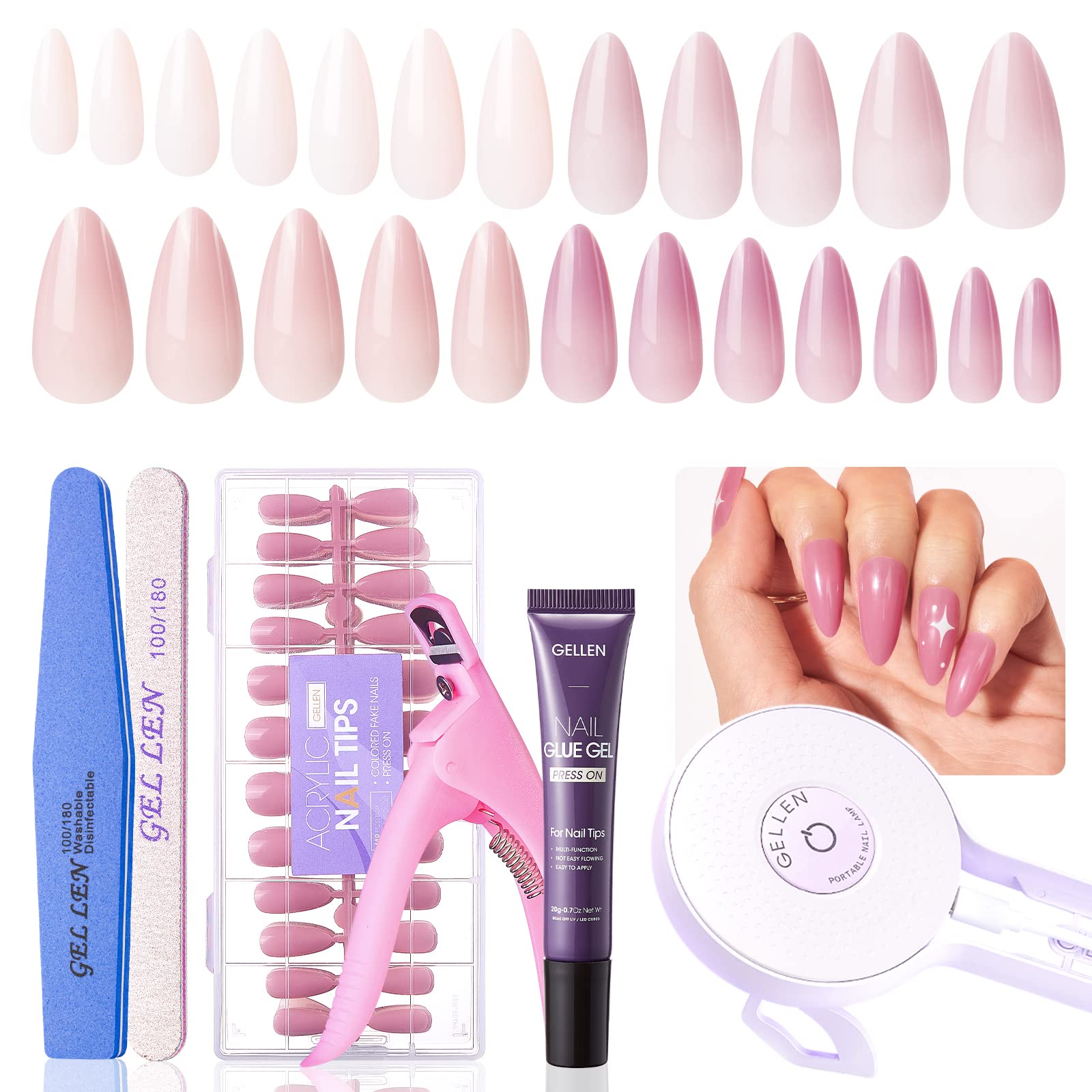 Gellen Nail Tips And Glue Gel Kit Gel x Nail Kit 480Pcs Colored Almond Fake  Nails Portable LED Nail Lamp Solid Nail Glue Gel Nail Extension Kit Girly  Nude Pink Gel Nail