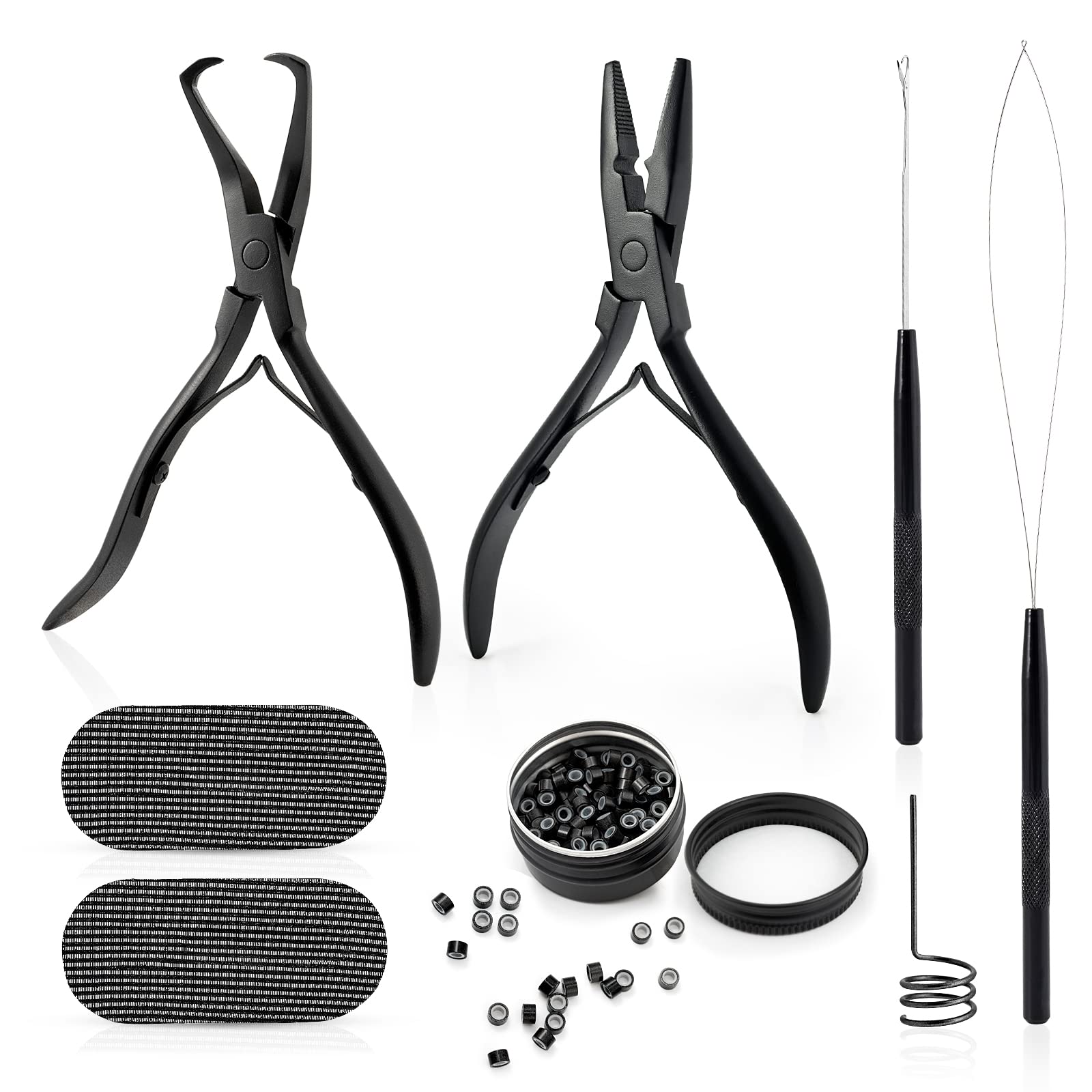 Hair Extensions Tools Kit for Hair Extensions: Pliers, Micro Pulling  Needle, 100pcs Black Micro Link Rings Beads & 5pcs Silver Metal Alligator  Hair