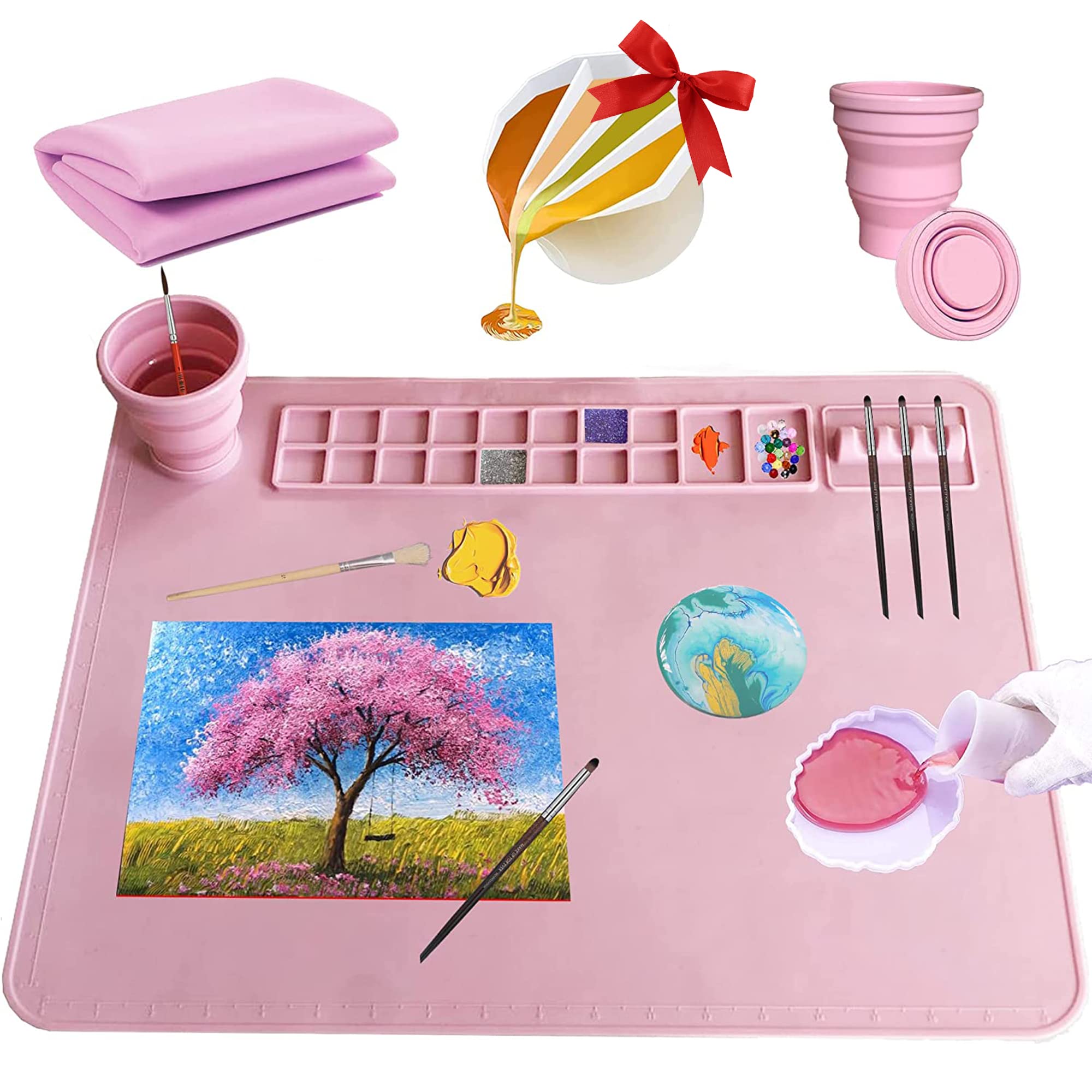 Silicone Painting Mat 20x16, Silicone Mats for Crafts with Removable Cup,10 Paint Brushes,12 Paint Dividers and 2 Paint Dividers,Artist for Kids