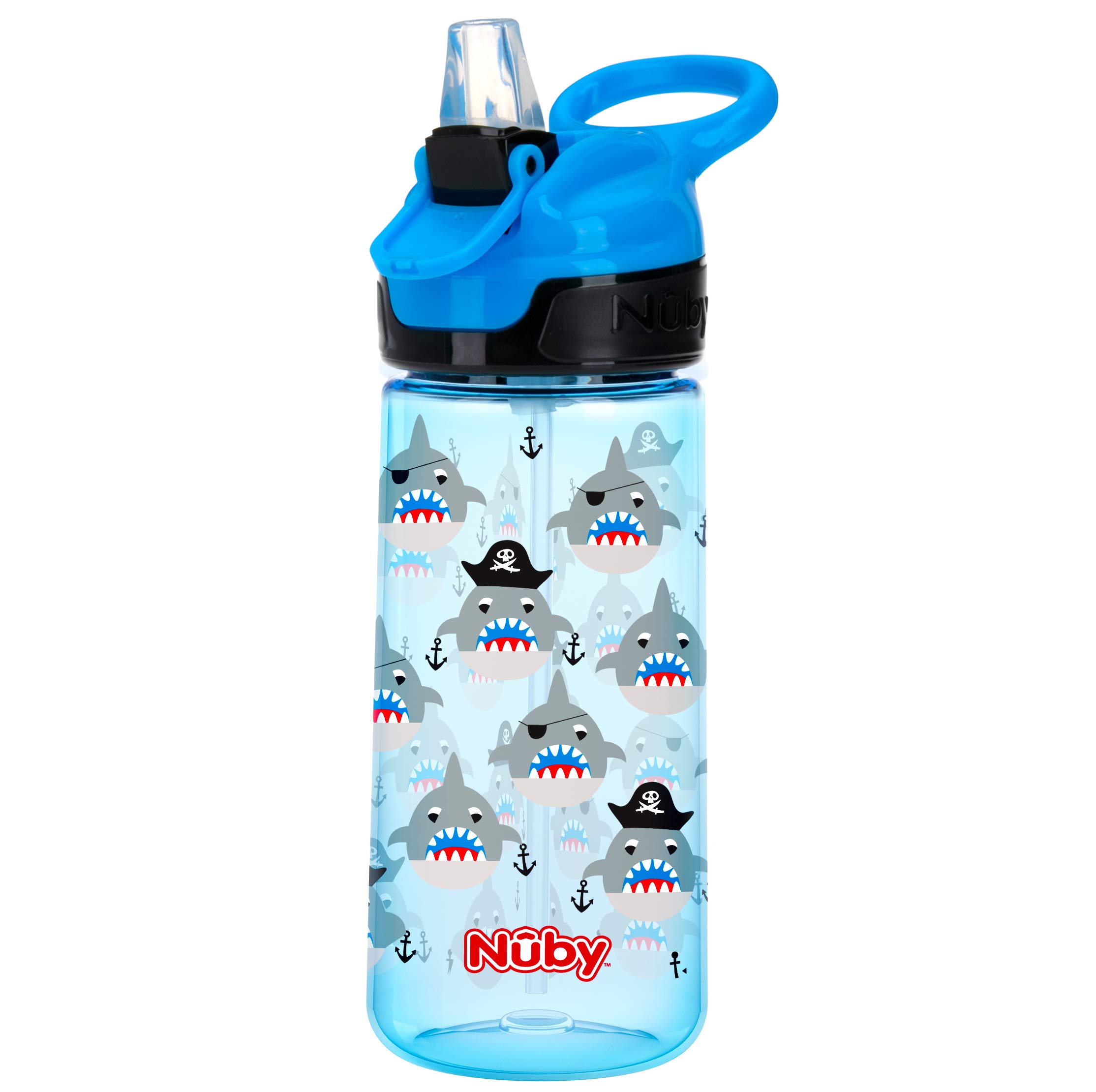 Nuby Thirsty Kids Flip-It Freestyle on The Go Water Bottle with Bite Resistant Hard Straw Cup and Easy Grip Band, Blue Cars, 12 Ounce