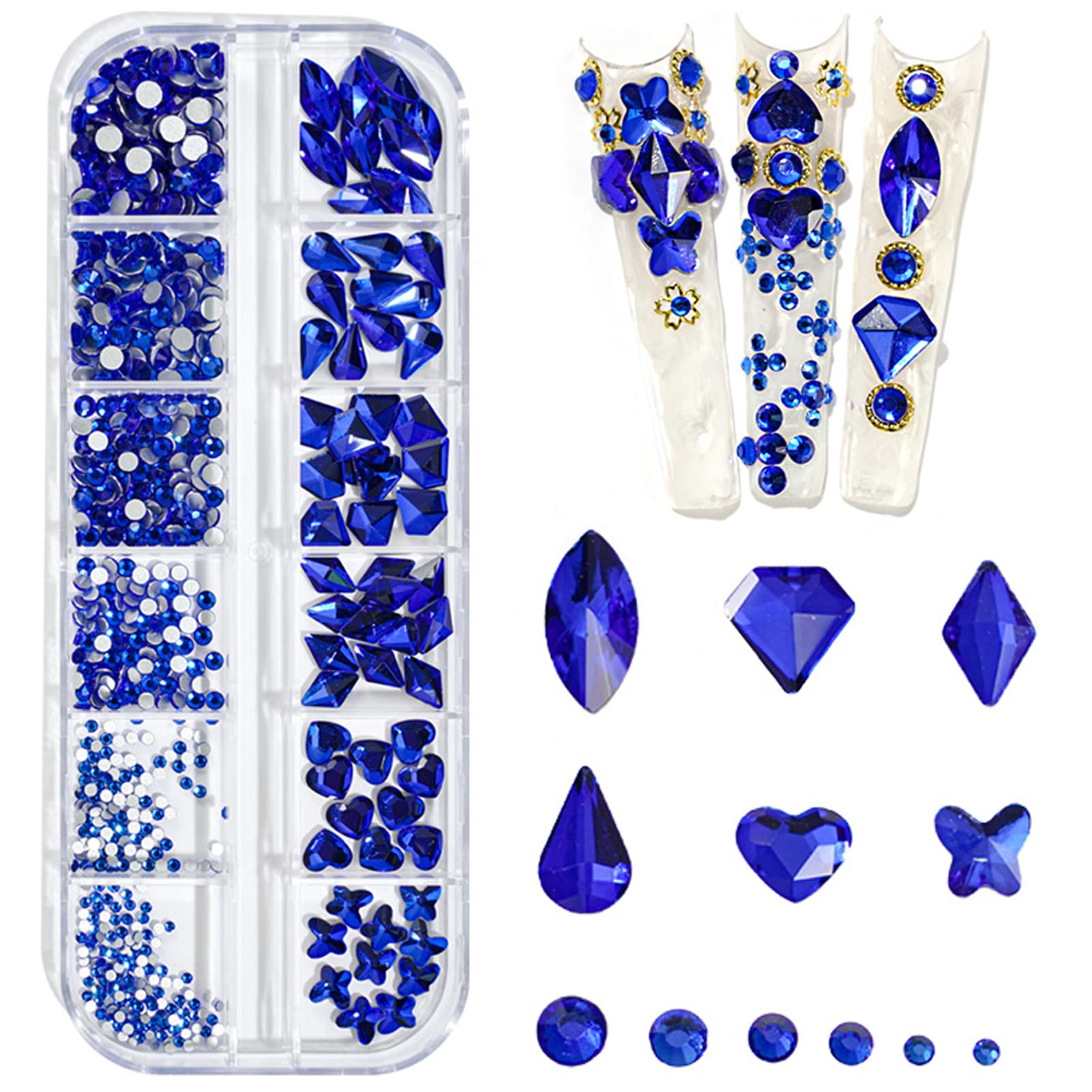 Artquee 660pcs Blue Sparkly Bling 3D Rhinestones for Nail Art DIY Craft  Shiny Flat Back Glass Crystal Stones Set Jewels Nail Decorate (60pcs Multi  Shapes Gems + 600pcs Round Diamond 6 Sizes)