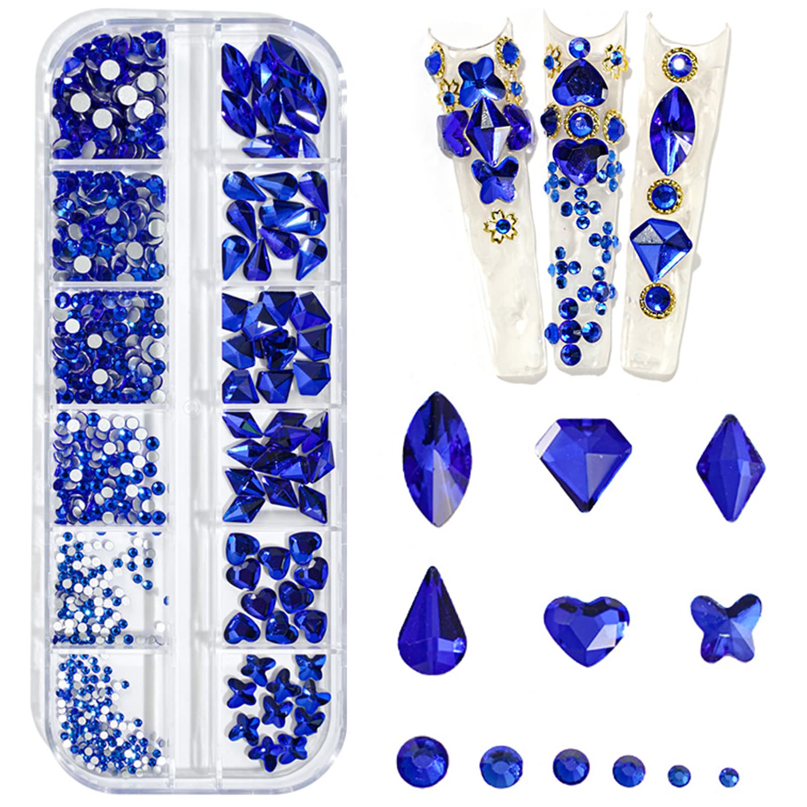 660Pcs Light Blue Nail Rhinestones Blue Crystals Nail Art Diamond Gem Round  Multi Shapes Sizes Flatback