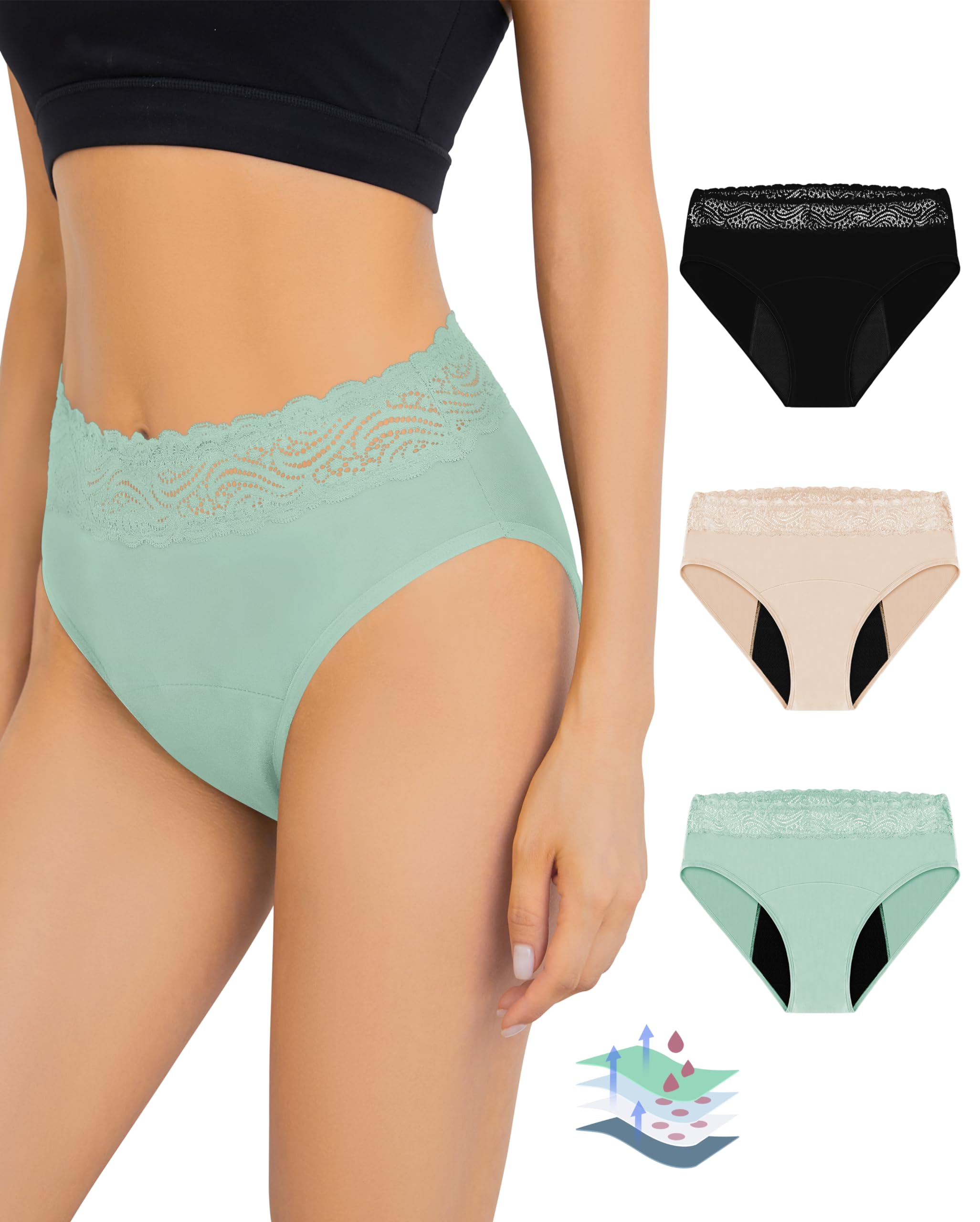 Leovqn Period Pants for Women Lace Trim Menstrual Underwear Heavy Flow  Period Knickers Leakproof Postpartum Briefs L Black/Mint Green/Nude