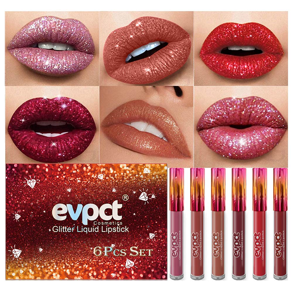 evpct 6 Colors Glitter Sparkly Lip Gloss Liquid Lipstick Set, Diamond