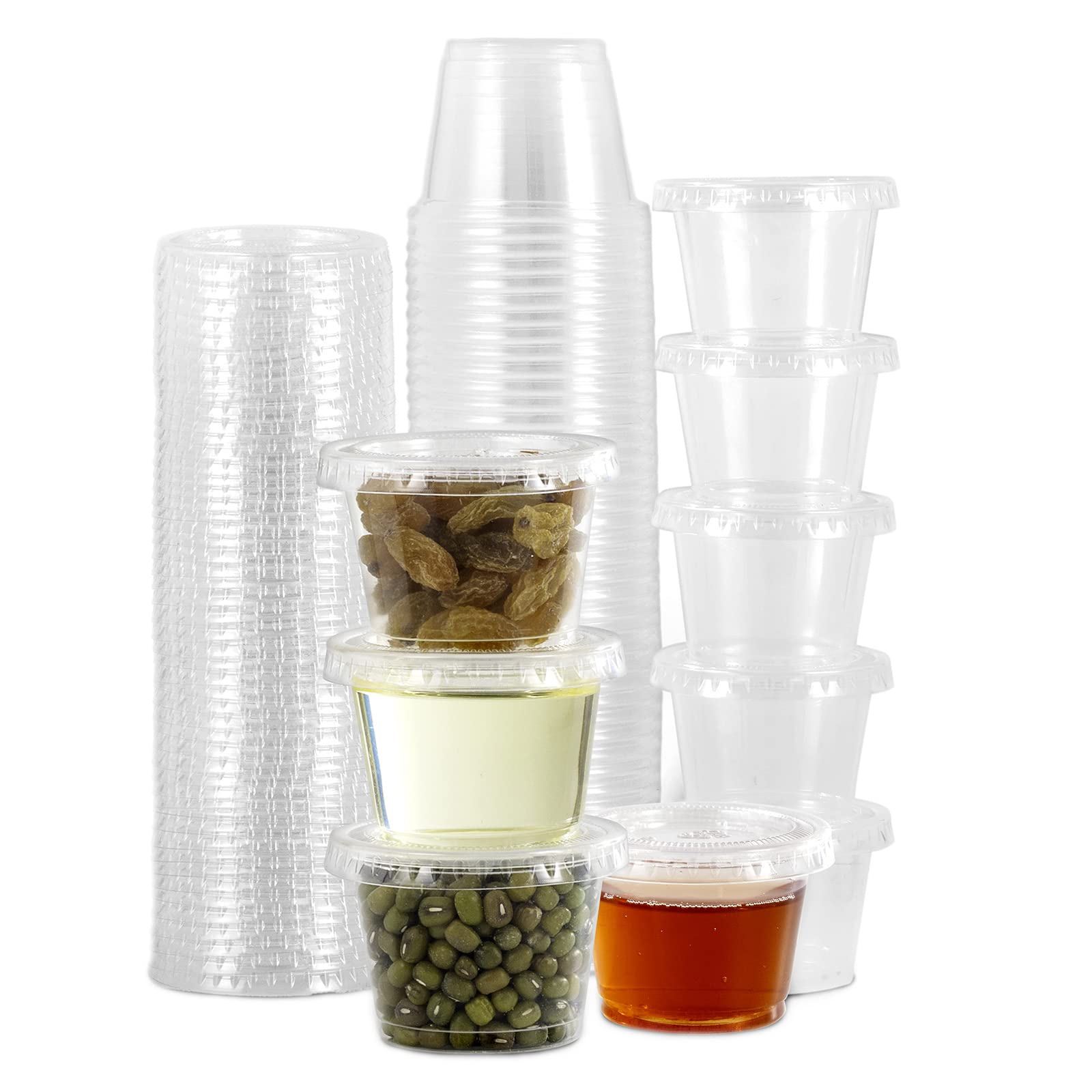 200Sets-1oz Small Plastic Containers with Lids,Plastic Cups with Lids ,Jello Shot Cups,Souffle Cups,Condiment Sauce Cups