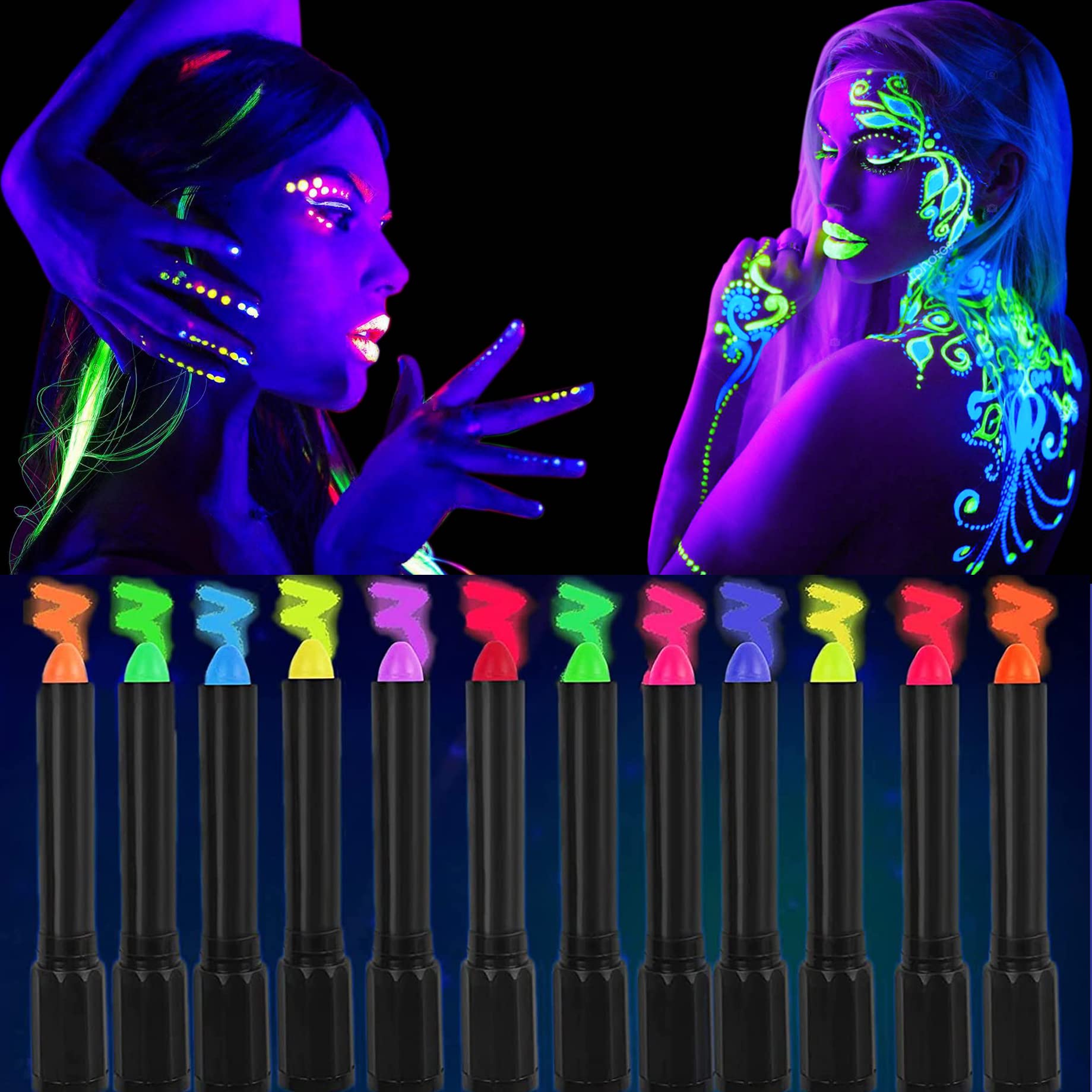 12 Colors Glow Face Body Paint, UV Crayons Makeup Glow in The