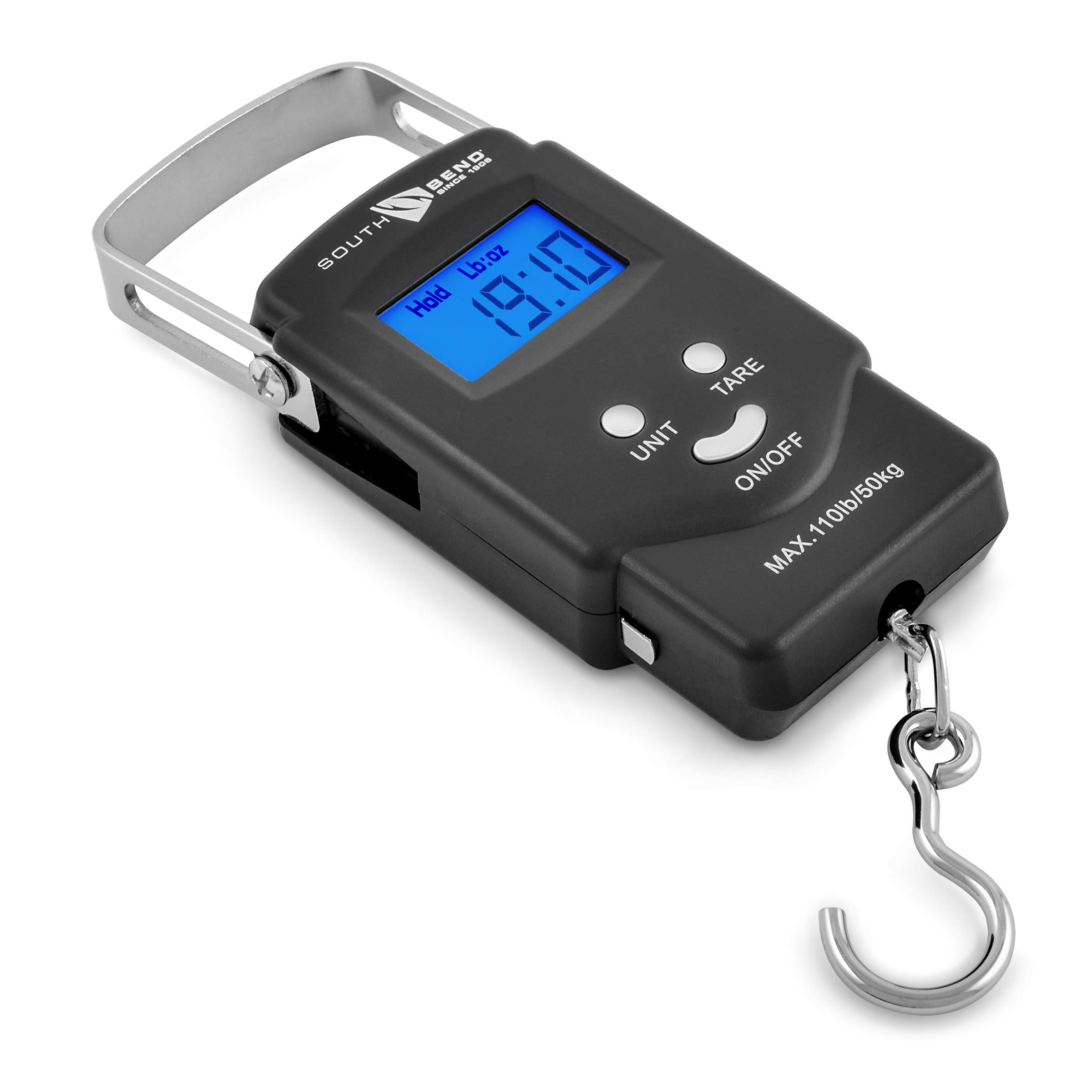 South Bend Digital Hanging Fishing Scale and Tape Measure with Backlit LCD  Display, 110lb/50kg Weight