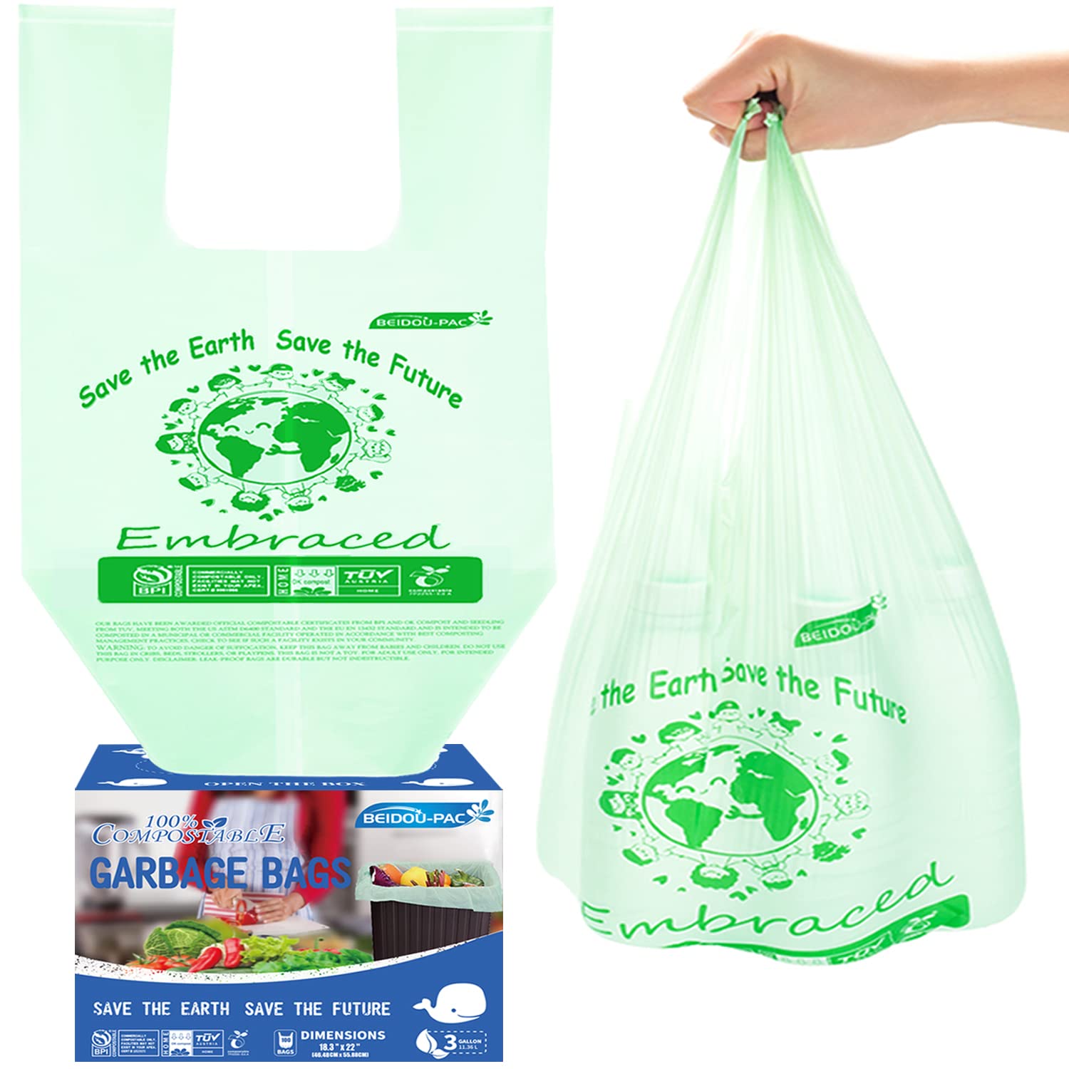BEIDOU-PAC 100% Compostable Trash Bags, 3 Gallon Compost Bags Small Kitchen Trash  Bags with