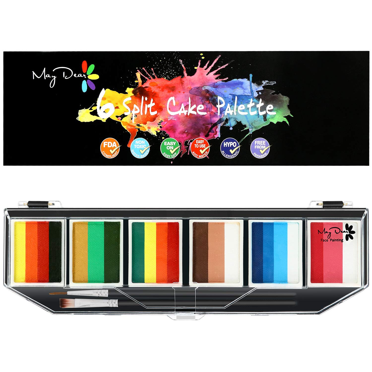 Maydear Face Painting Kit for Kids & Adults with 6 Colors Split Cake  Palette, 2 Brushes, Safe & Non-Toxic Water Based Makeup Face Paint Kit