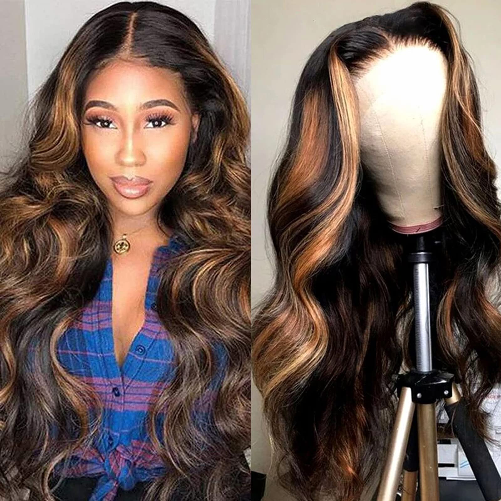 Haha Brazilian Human Hair Highlight 4x4 Lace Front Wig Pre Plucked Body  Wave Ombre Lace Closure Wig Highlighted Brown 150% Density 16 Inch FB30  Balayage Wig 16 Inch Highlight Closure Wig Body