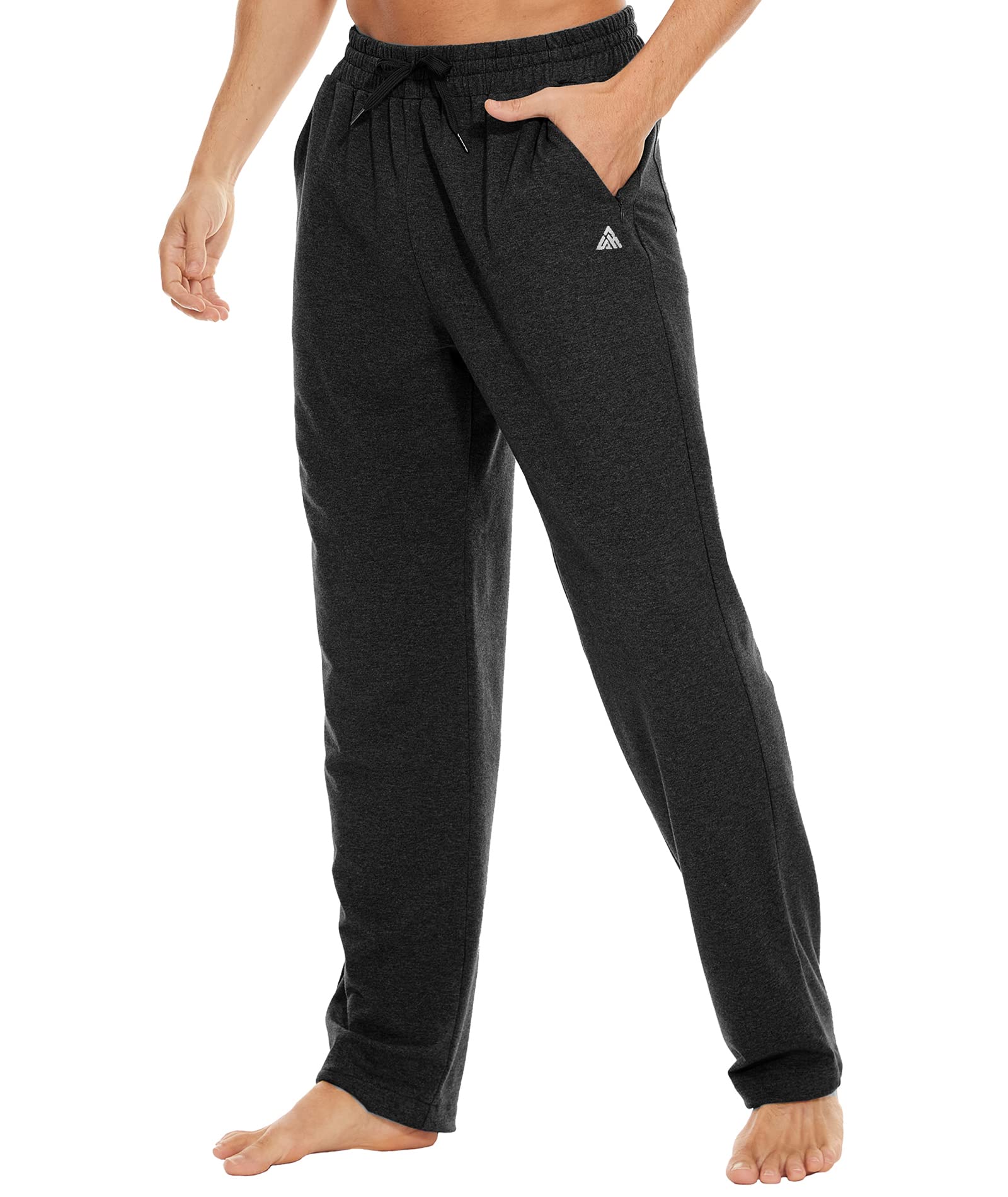 JACKETOWN Men's Cotton Yoga Pants Athletic Lounge Loose Fit Sweatpants  Running Jersey Pants with Zipper Pockets Straight Leg Black Medium