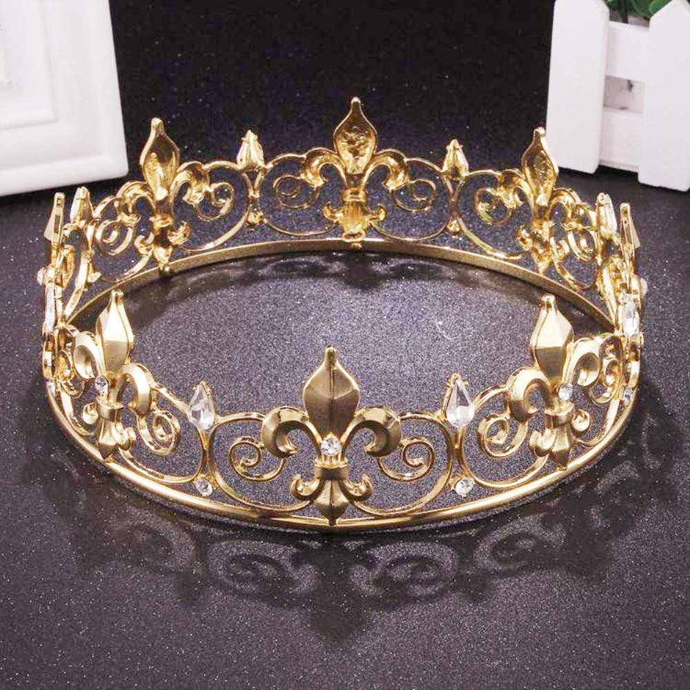Gold King Crown Tiara for Men 7 Crystal Prom Party Headband, Large Full Round  Costume Accessory Royal Cake Topper