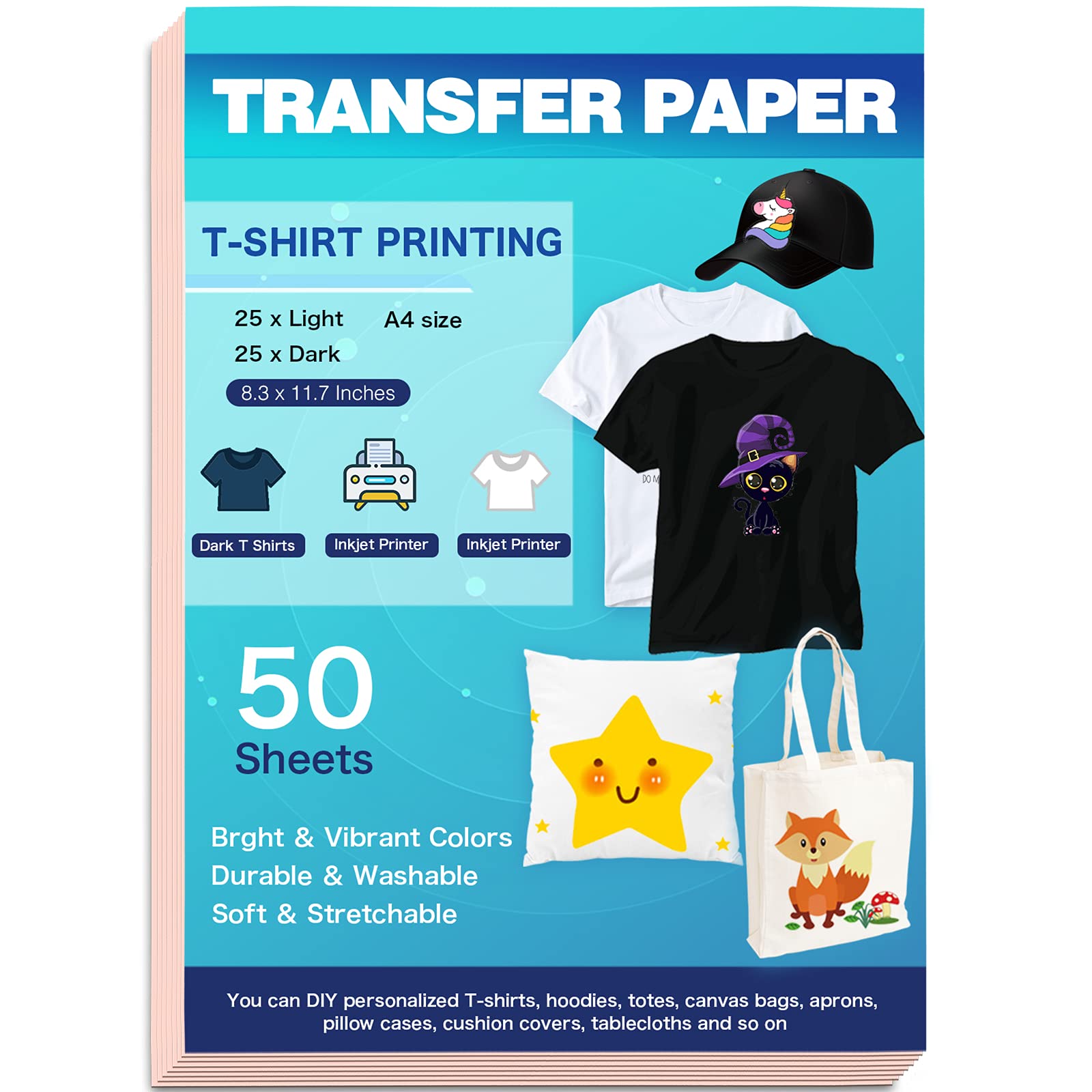 Tenare Inkjet Iron-on T Shirts Transfer Paper Printable Heat Transfer Vinyl  Heat Transfer Paper DIY for Dark and Light Fabric (50 Sheets)
