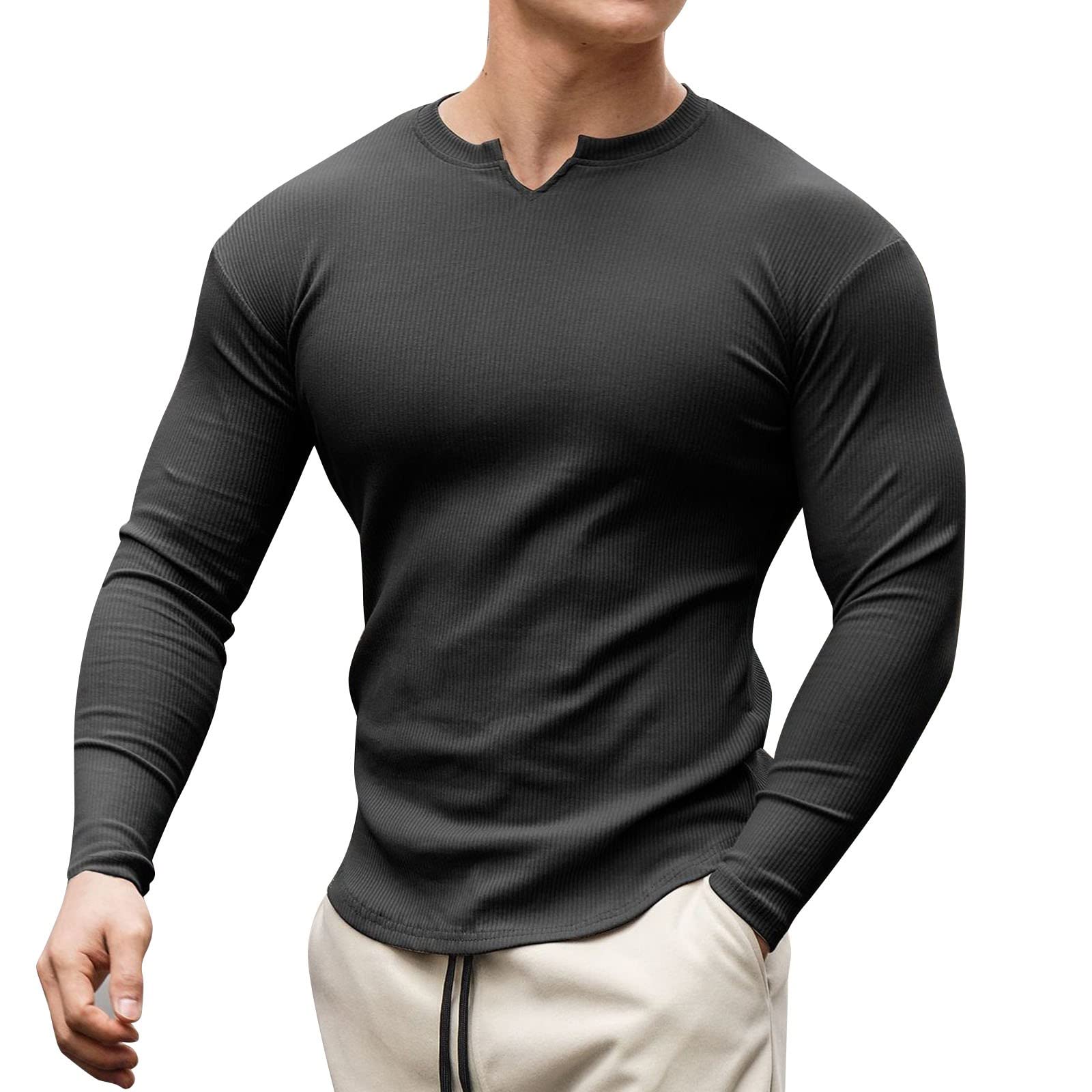 Knit Rib T-shirts Muscle Slim Fit Henley V Neck Tops Athletic Gym Workout Long Sleeve Tshirt Black 3X-Large