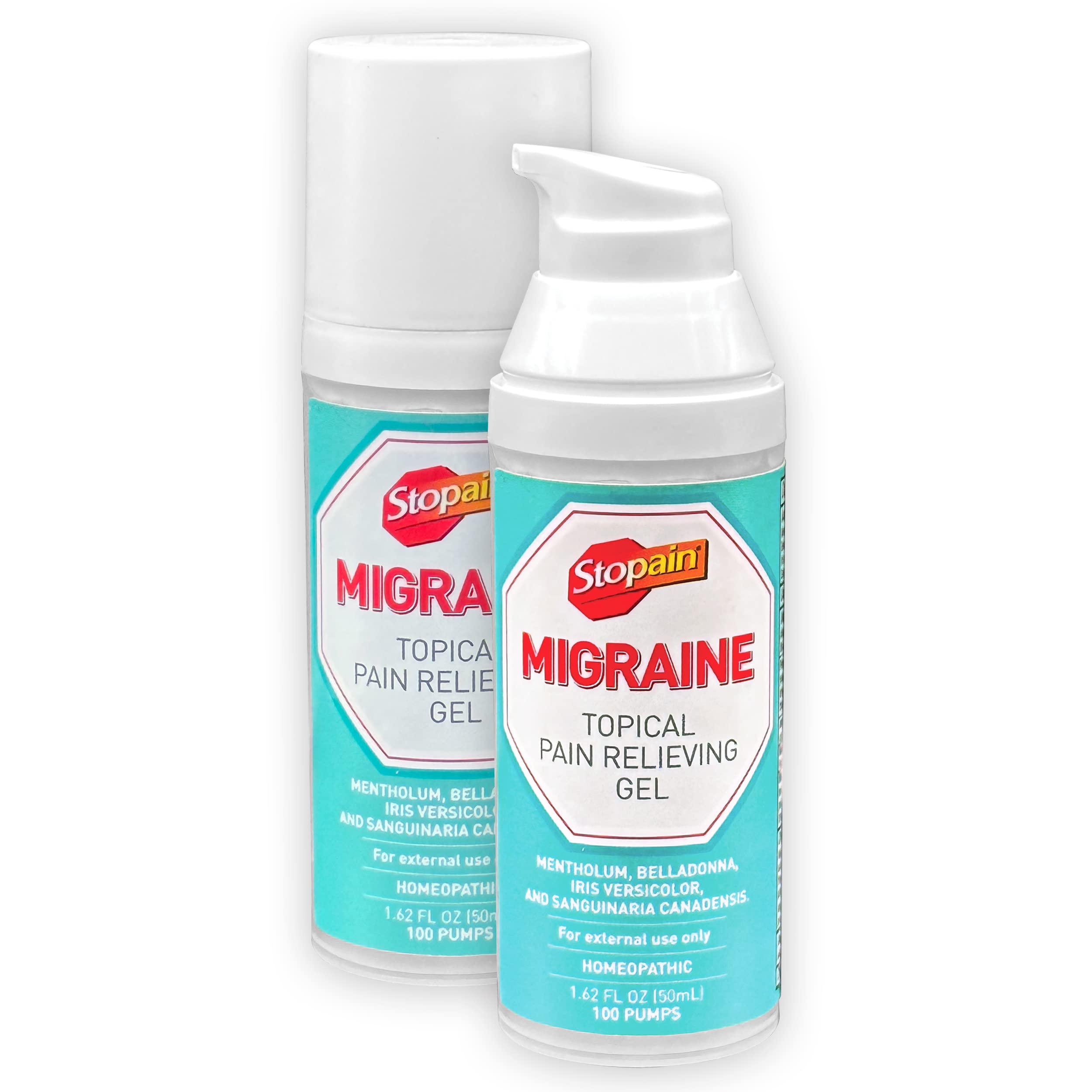 Stopain Migraine Pain Relief Gel Pump 1.62oz (2 Pack) USA Made Max Strength Fast Acting Research