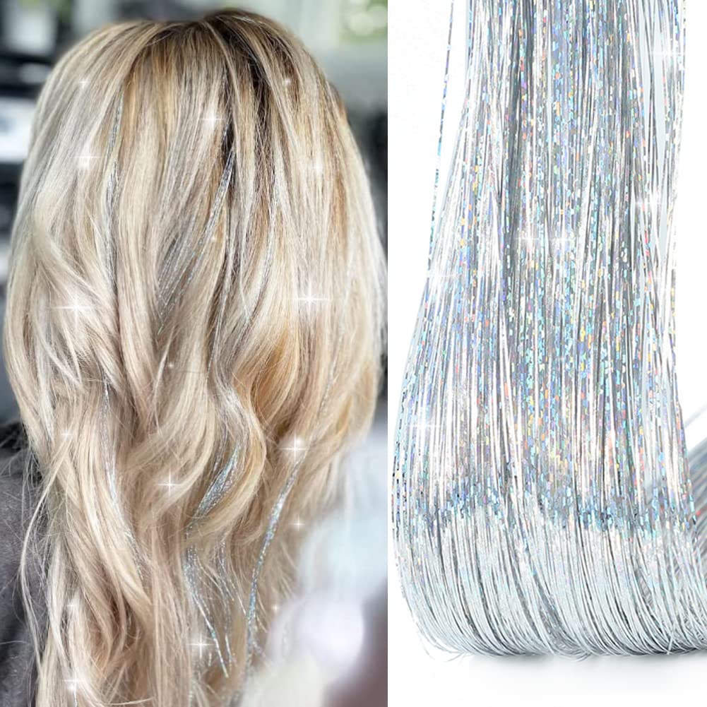 Silver Hair Tinsel Kit with Tools 47 Inch 1100 Strands Tinsel Hair  Extensions Fairy Hair Tinsel