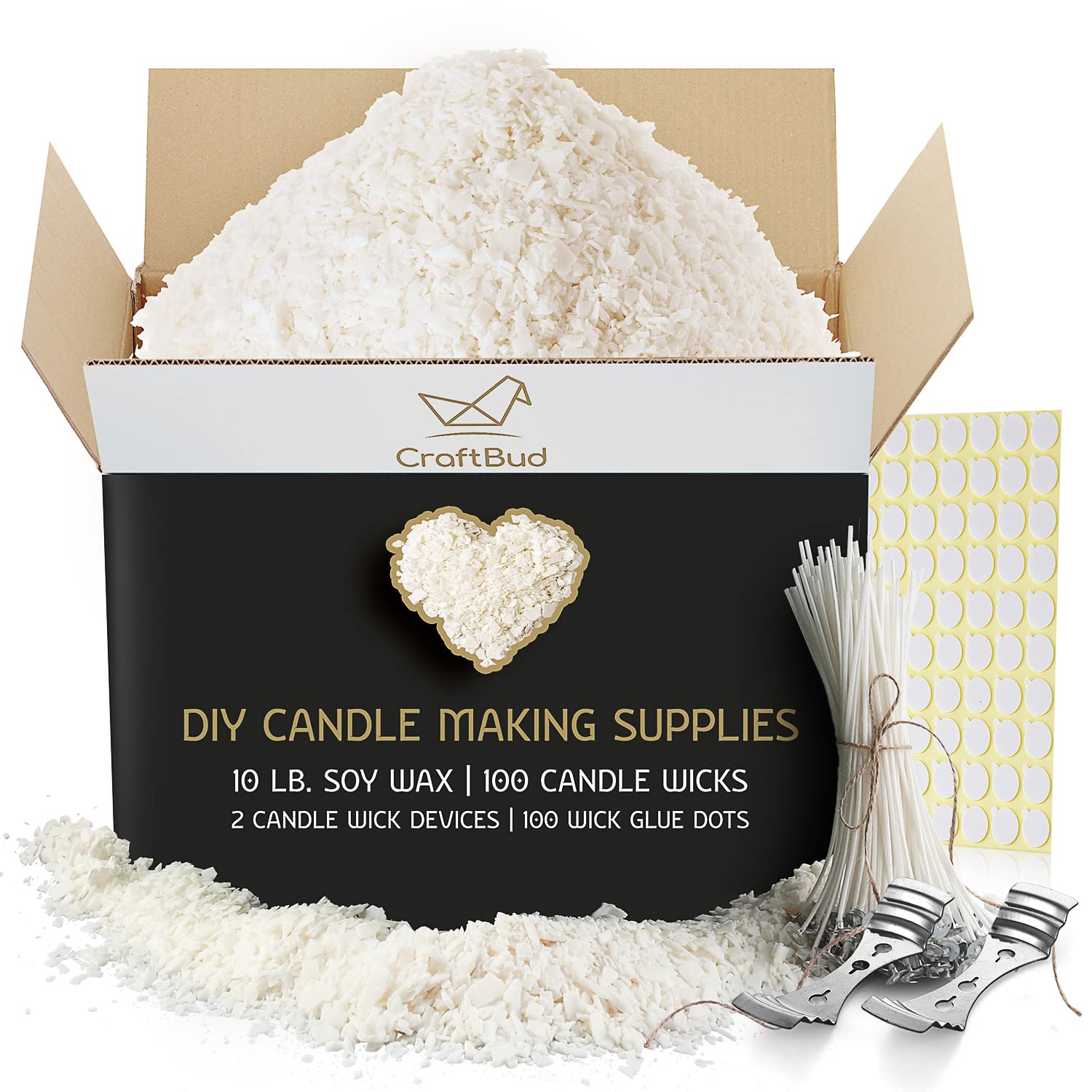 Hearts and Crafts Soy Wax and DIY Candle Making Supplies  10lb Bag with  100 6-Inch Pre-Waxed Wicks, 2 Centering Devices 10 lbs 