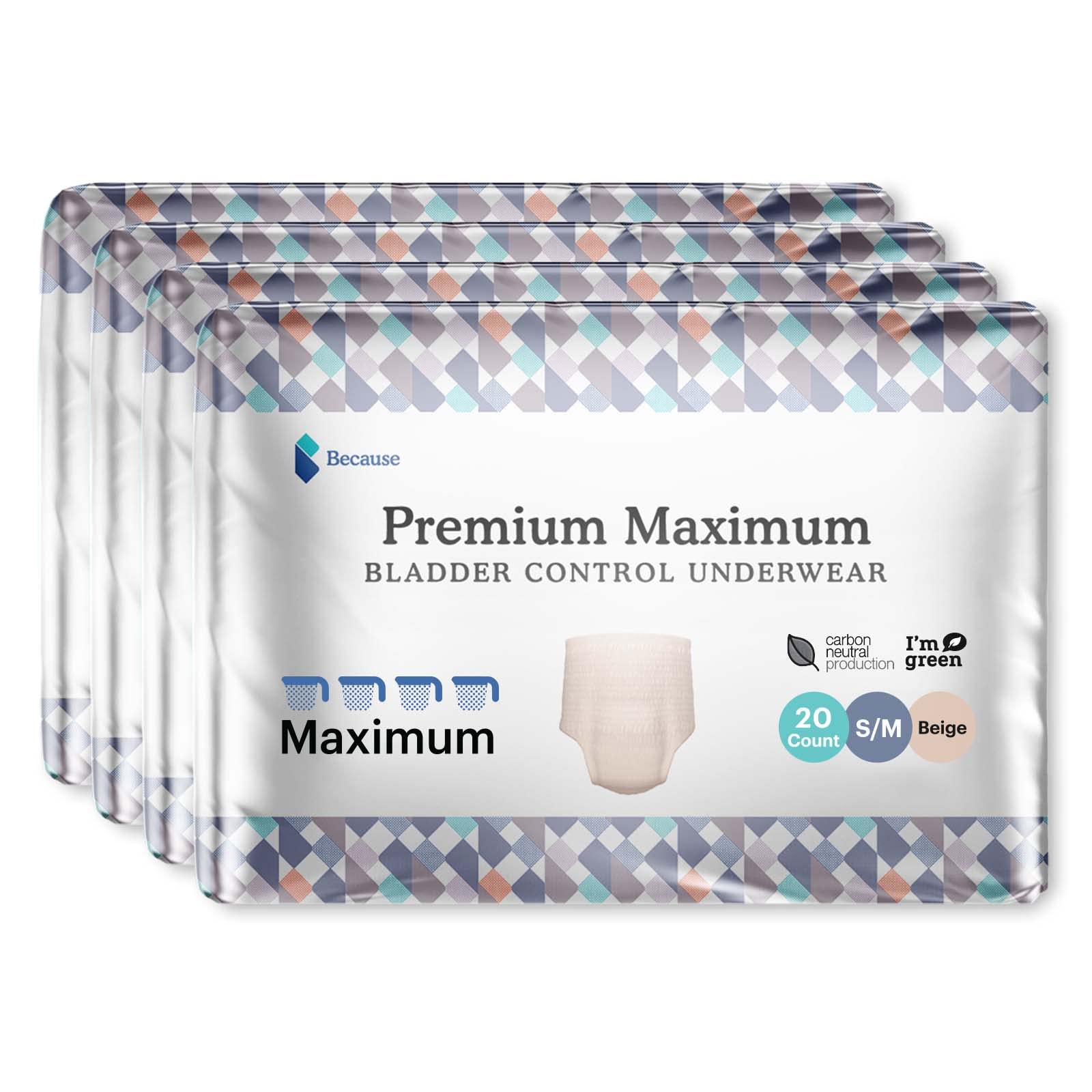 Because Premium Maximum Plus Pull Up Underwear for Women - Absorbent  Bladder Protection with a Sleek, Invisible Fit - Beige, Small-Medium -  Absorbs 4