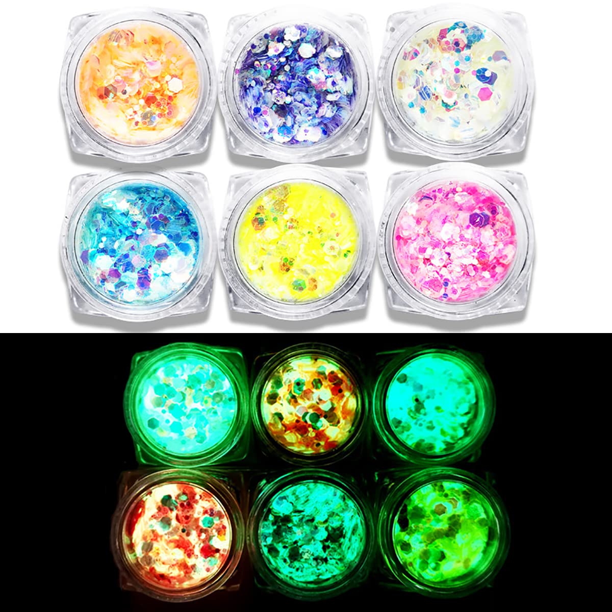 Glow in The Dark Glitter, JEMESI 6 Color Luminous Iridescent Chunky Glitter,  Cosmetic Craft Glitter Set for Epoxy Resin, Body, Face, Nail, Slime, Craft  and Festival Party Decoratio 6 Color Glow in