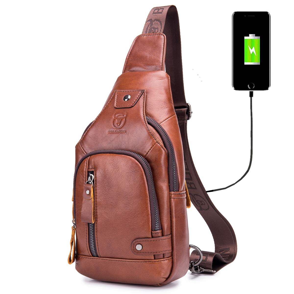BULLCAPTAIN Genuine Leather Sling Bag with USB Charging Port Multi-pocket  Chest Bag for Men Hiking Travel Daypack XB-129