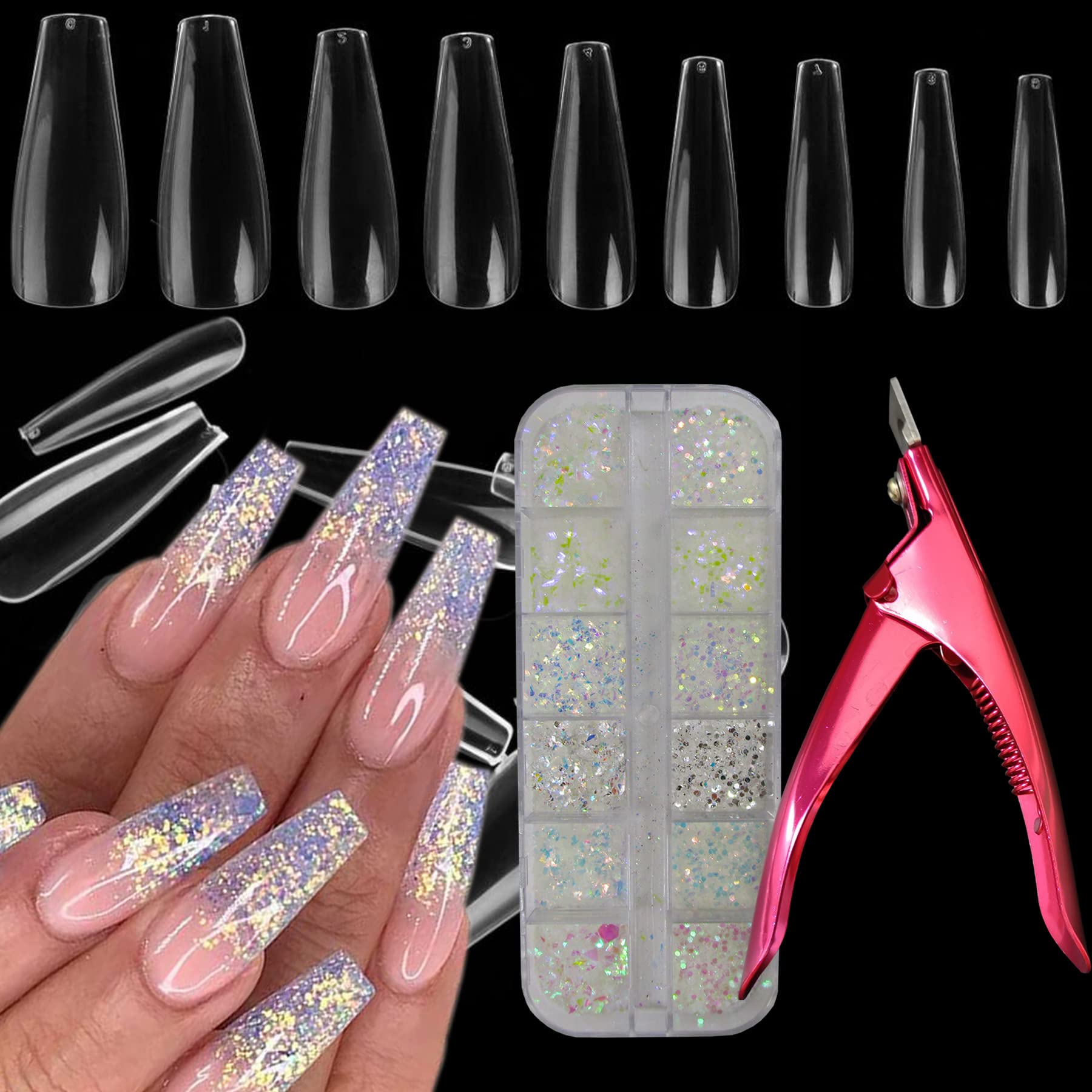 Red Press On Nails With Rhinestones Extra Long Gold Glitter Fake Nails Set  Ballerina Coffin Sexy Bling False Nails Full Cover Nail Tips For Finger