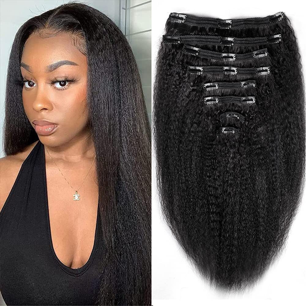 Straight Human Hair Clip in Hair Extensions for Black Women 100%  Unprocessed Full Head Brazilian Virgin Hair Natural Black Color,8/Pcs with