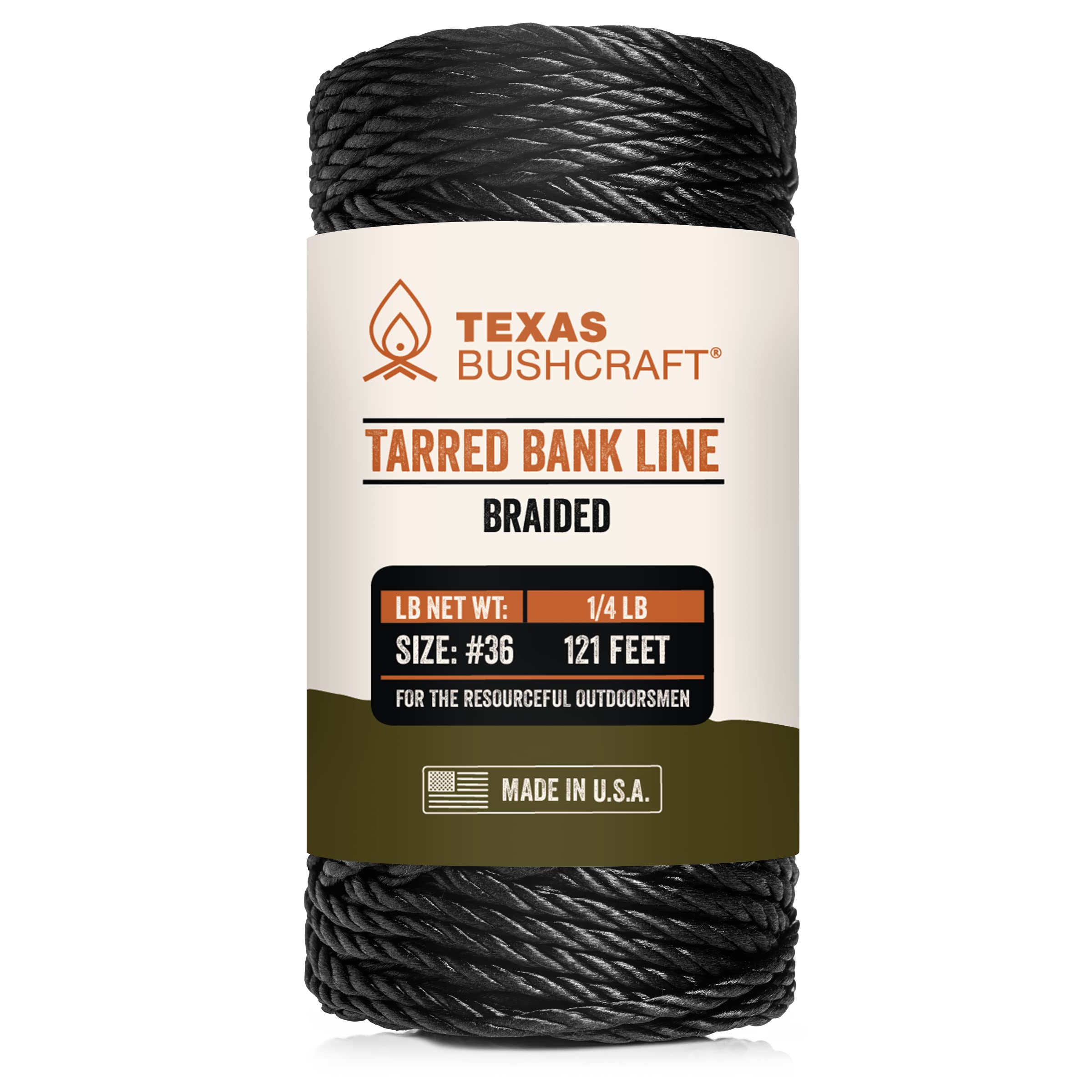 Texas Bushcraft Tarred Bank Line Twine - #36 Black Nylon String for  Fishing, Camping and Outdoor Survival Strong, Weather Resistant Bankline  Cordage for Trotline 1/4 lb - #36 (121 ft) Braided