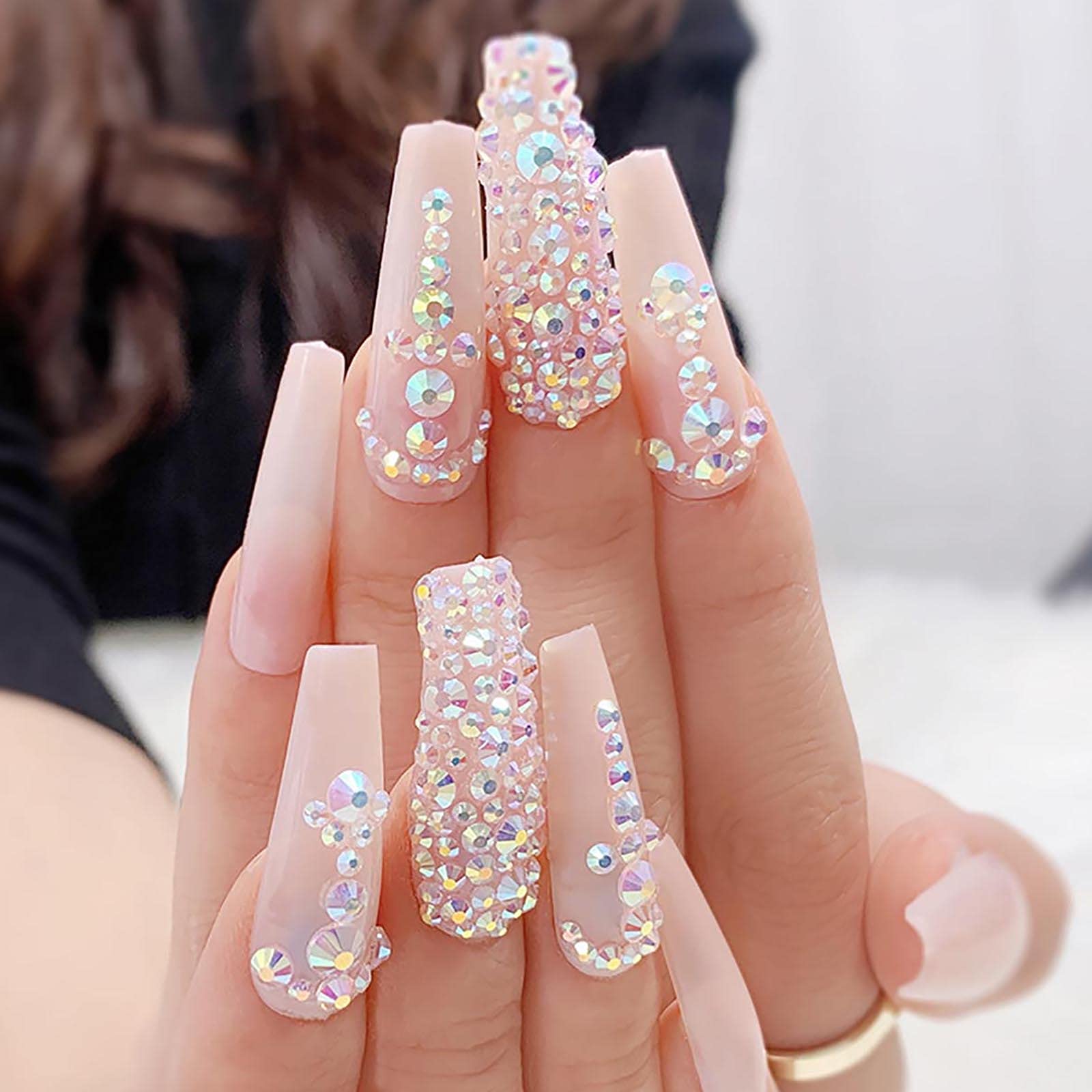 Florry Coffin Extra Long Press on Nails with Rhinestones Pink Fake