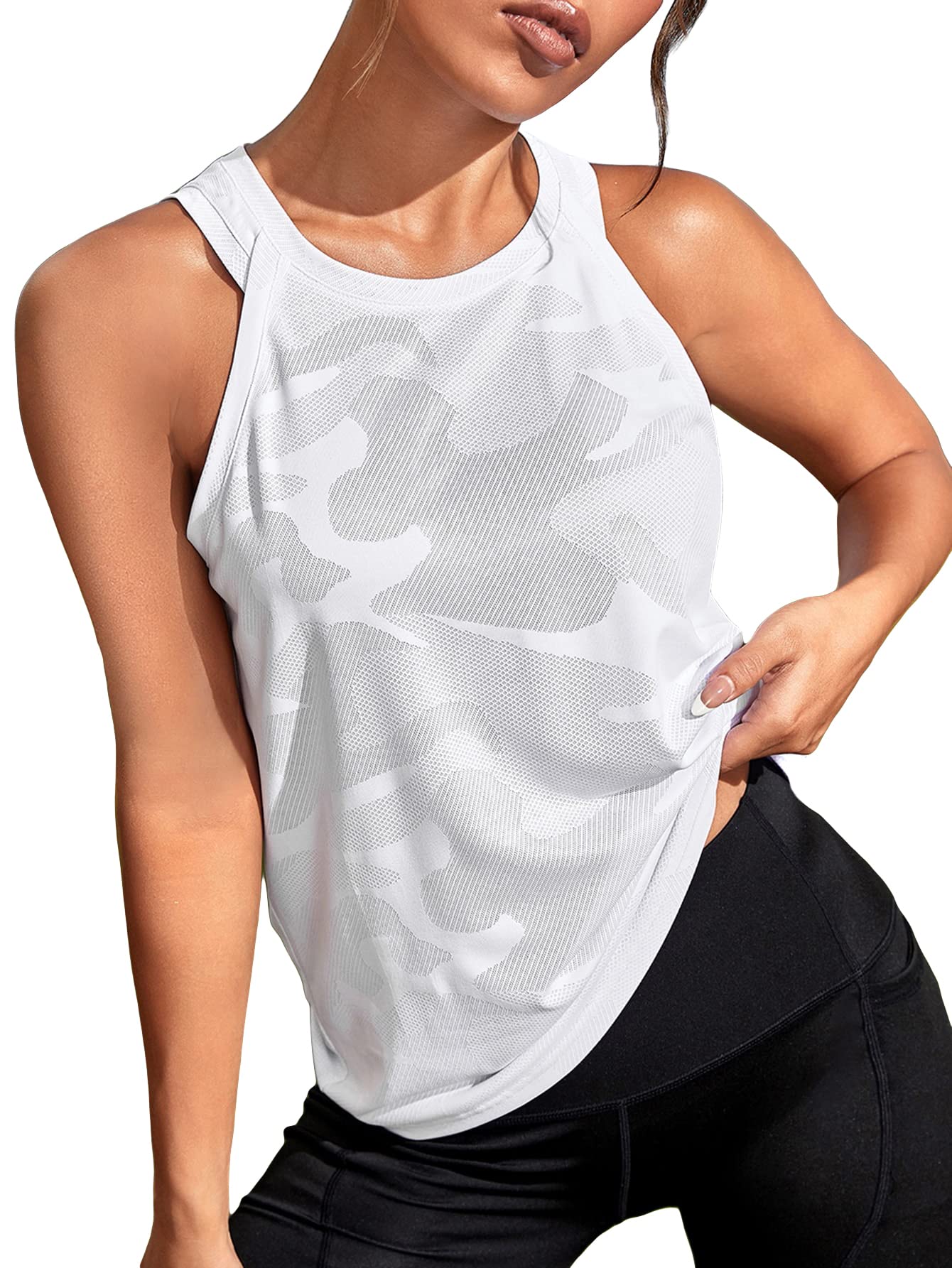 OYOANGLE Women's Camo Print Sleeveless Workout Shirts Exercise Running Tank  Tops Active Gym Tops Medium White