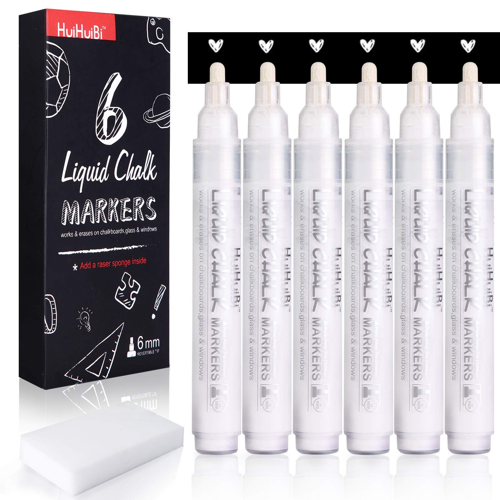 HUIHUIBI White Chalk Markers,6 Pack Set White Liquid Chalk Pens