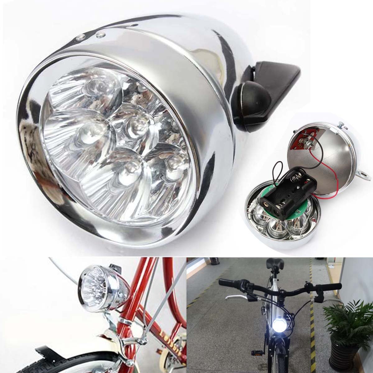 Vintage Retro Bicycle Bike Front Lamp LED Fixie Headlight with Bracket Sliver
