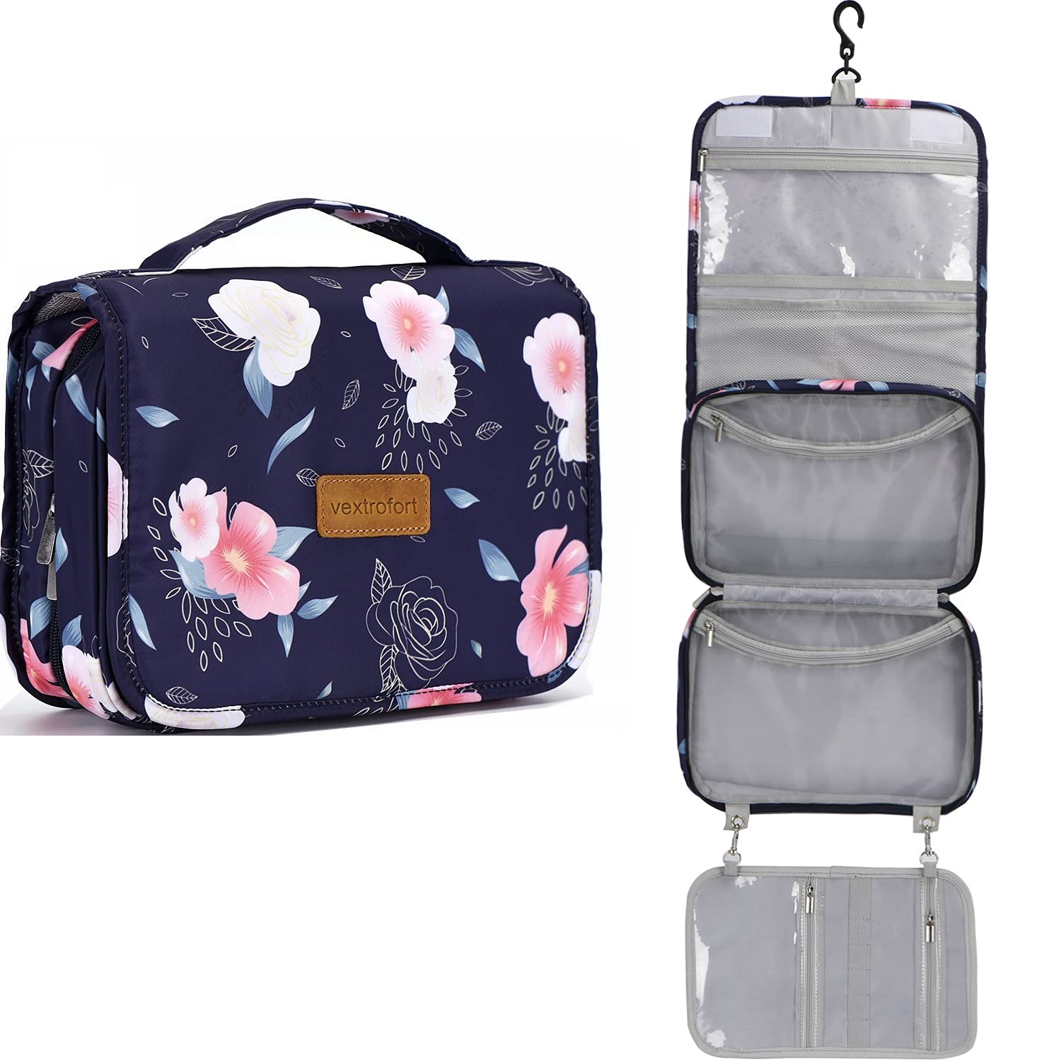 Toiletry Bag for Women, Large Hanging Travel Makeup Bag Water-resistant for  Toiletries/Cosmetics/Brushes (Blue Flower)