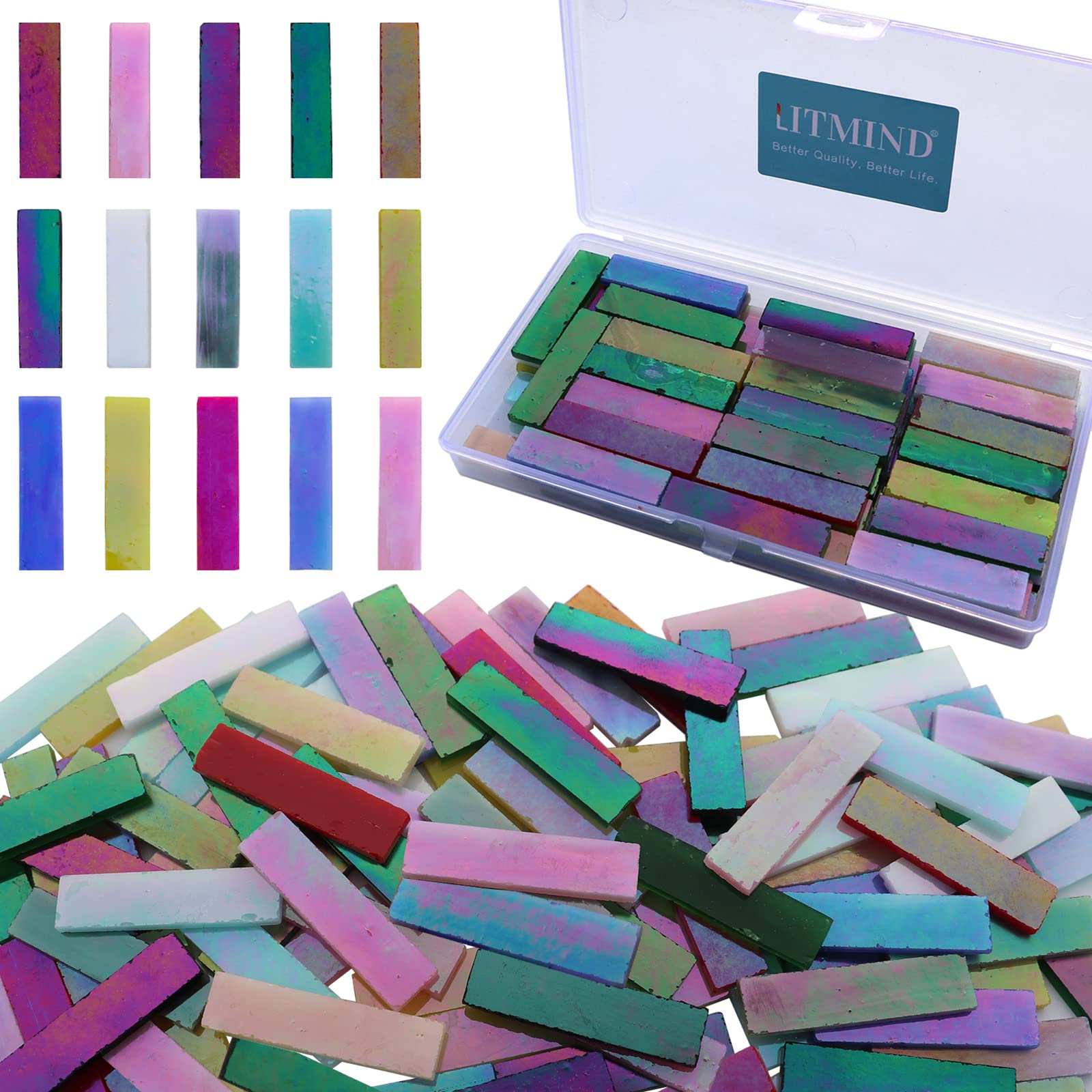 LITMIND Rectangular Iridescent Glass Mosaic Tiles for Crafts 1.6 x 0.4  Precut Mixed Colors Stained Glass Strips DIY Mosaic Making Supplies for  Adults 8oz Iridescent Mix (Rectangle/Opaque)