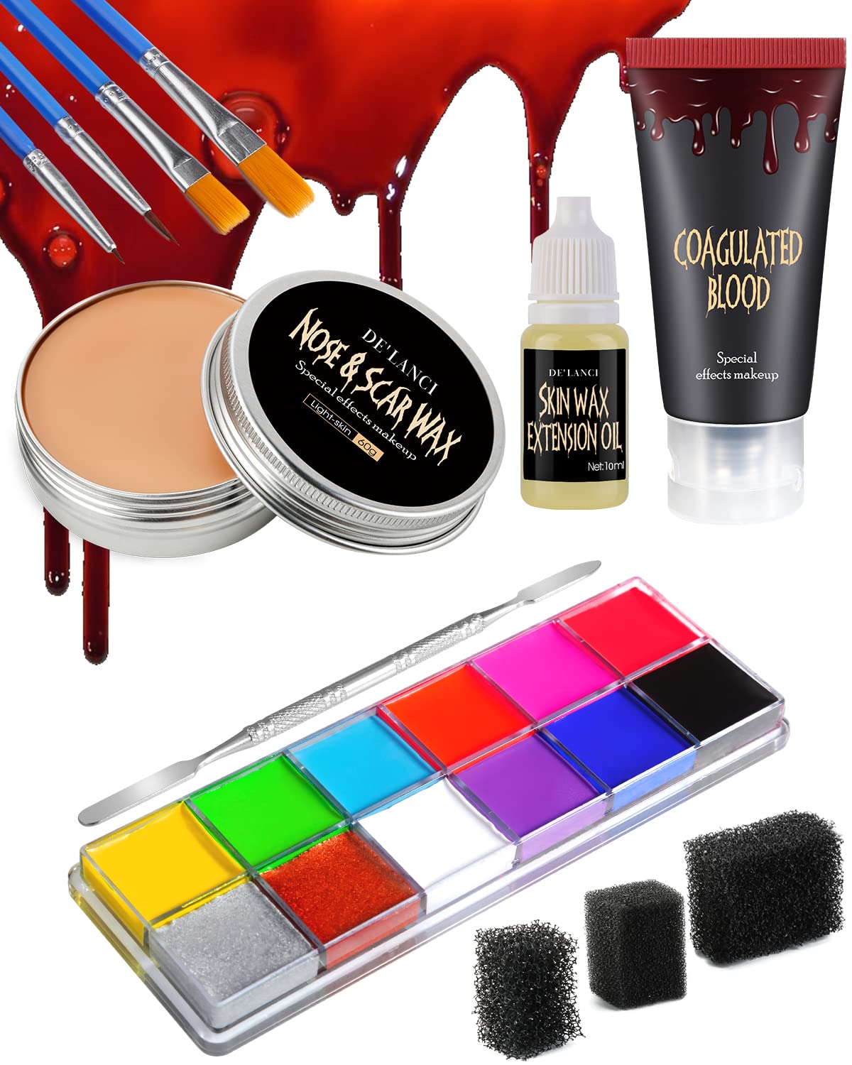 Professional Halloween Christmas Face Painting Kit Special Effects Stage  Makeup Scar Makeup Wax, with Spatula，Scab Blood + Pink Stipple Sponge Brush