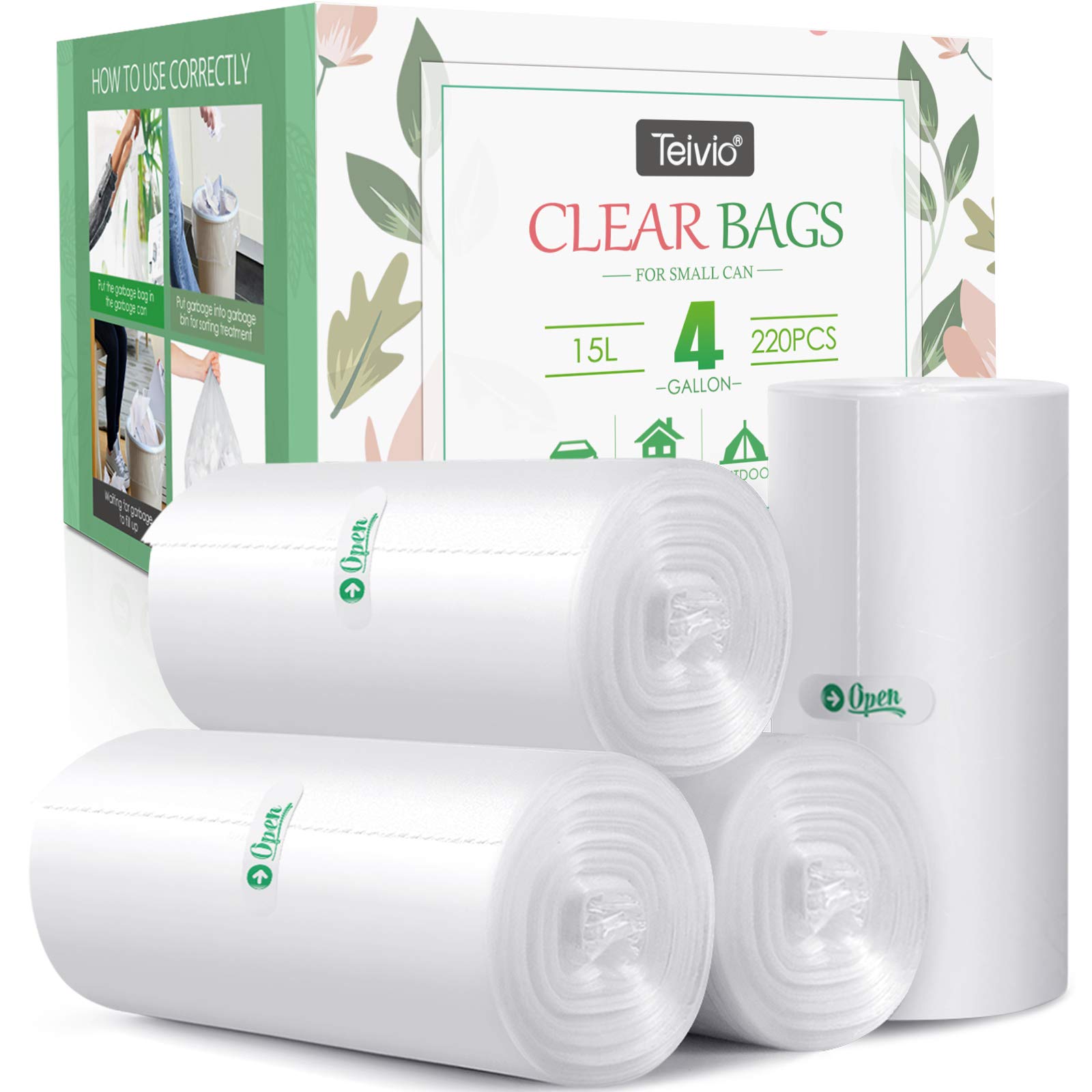 4 Gallon 330Pcs Strong Trash Bags Colorful Clear Garbage Bags, Bathroom  Trash Can Bin Liners, Small Plastic Bags For Home Office Kitchen, Fit 12-15