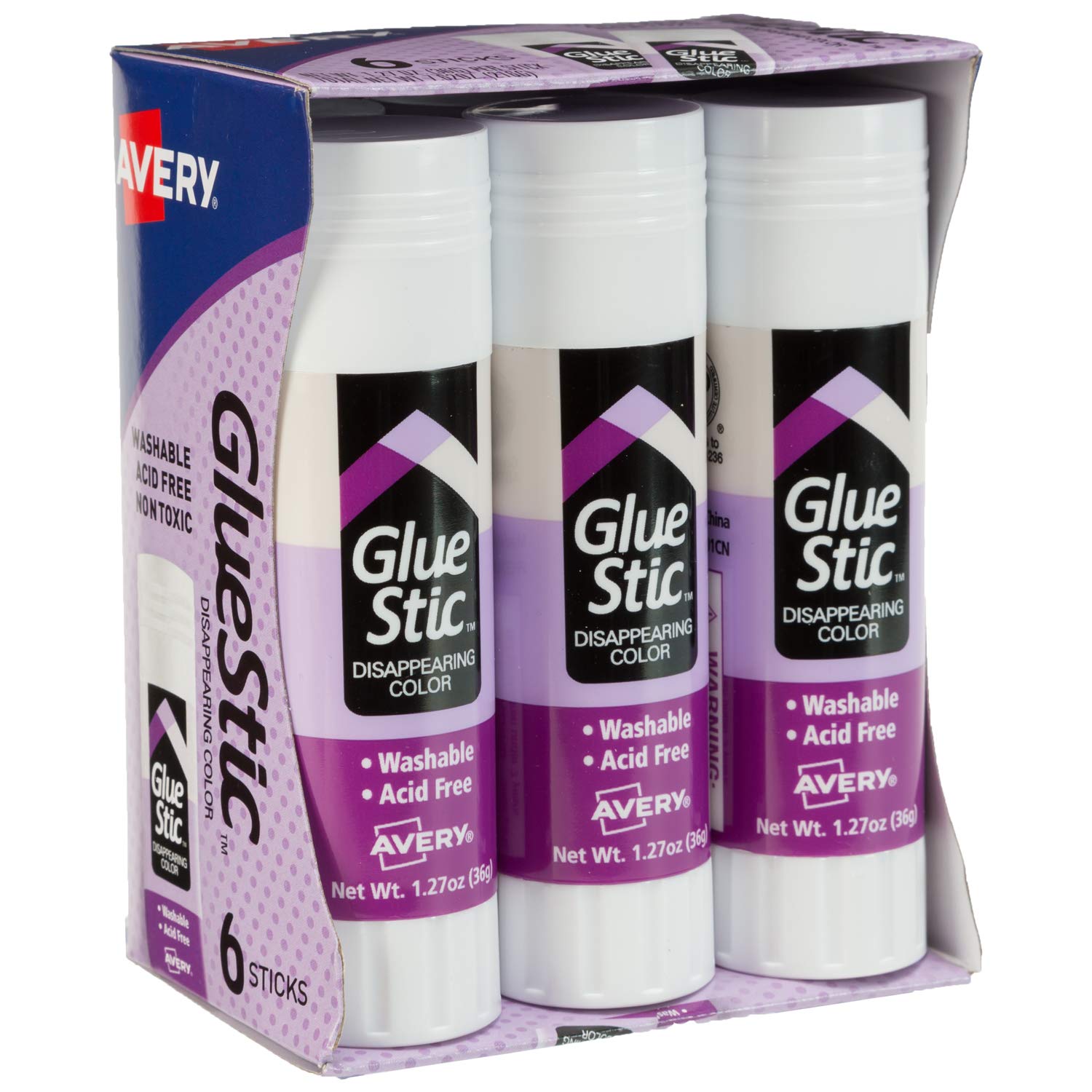 Avery Glue Stick Disappearing Purple Color Washable Nontoxic 1.27 oz. Permanent  Glue Stic 6pk (98071) 6 pack